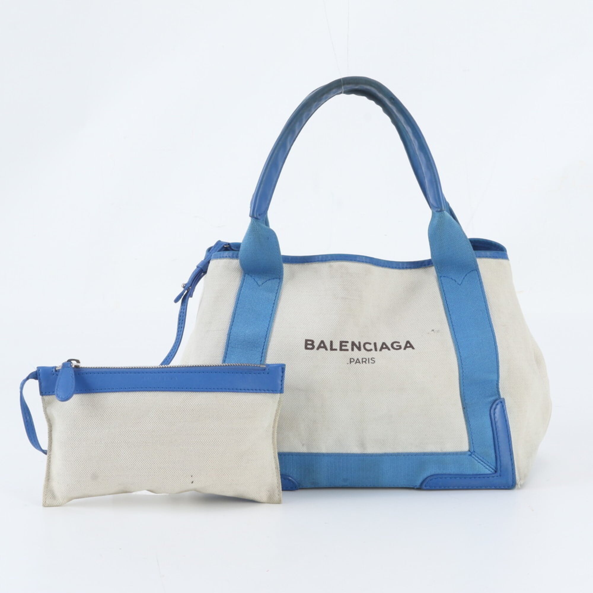 Balenciaga Blue White Leather Canvas Handbag Shoulder Bag Tote Bag (Pre-Owned)