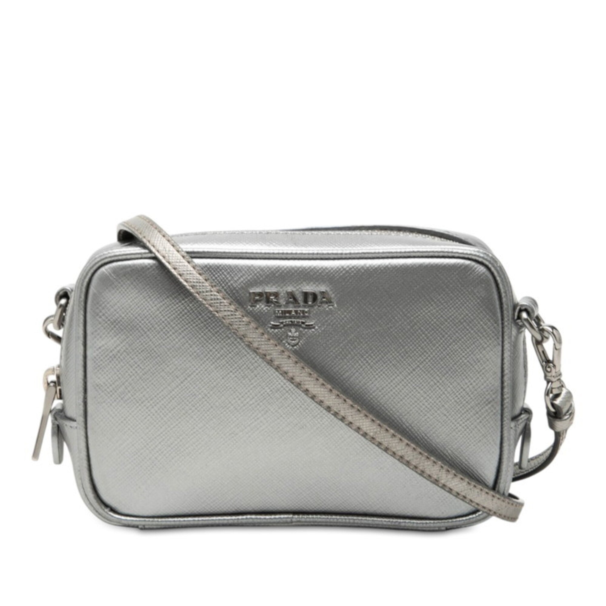 Prada Silver Saffiano Triangle Leather Shoulder Bag (Pre-Owned)