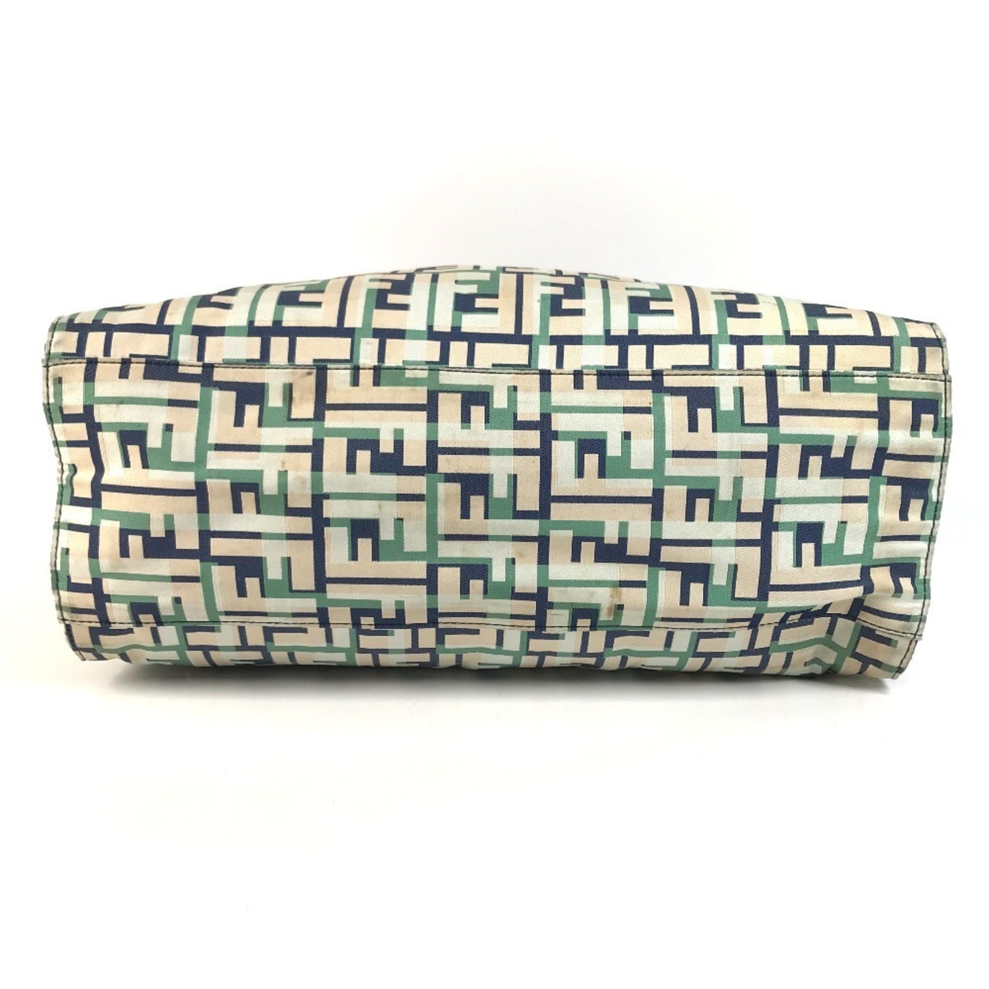 Fendi Beige Blue Green Leather Canvas Shoulder Bag Tote Bag (Pre-Owned)