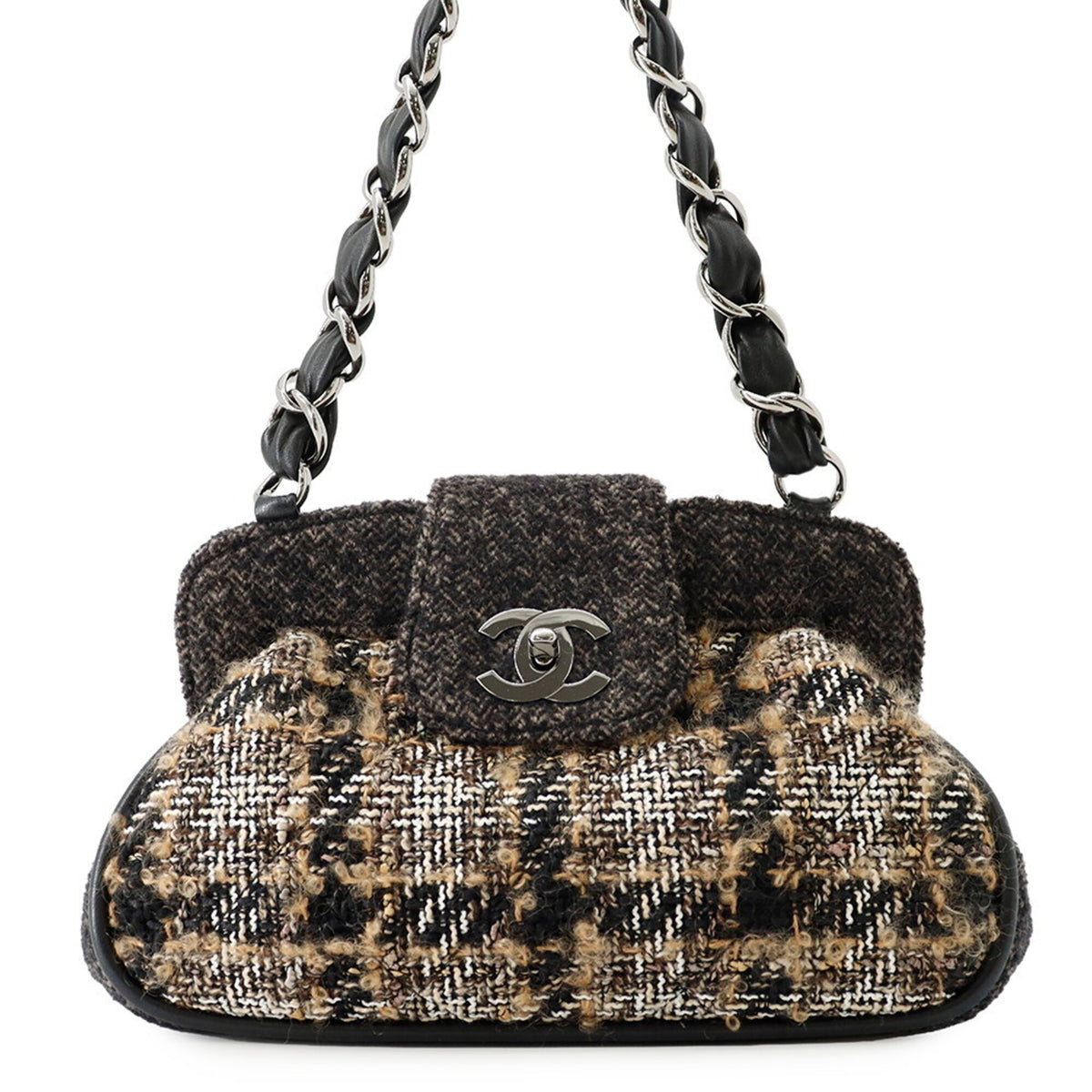 Chanel Black Dark Brown Multi-Color Tweed Leather Shoulder Bag (Pre-Owned)
