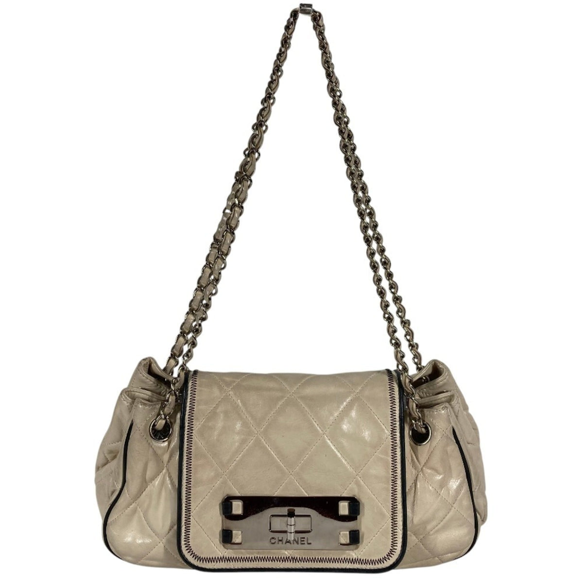 Chanel Beige Black Leather Shoulder Bag (Pre-Owned)