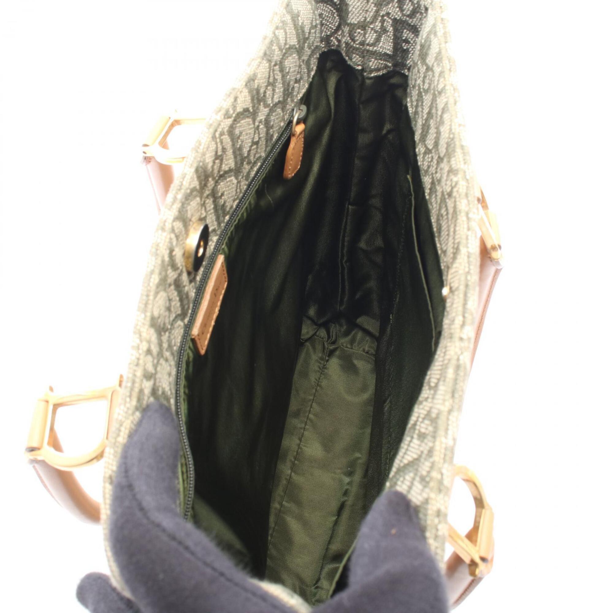 Christian Dior Beige Green Canvas Leather Handbag Tote Bag (Pre-Owned)