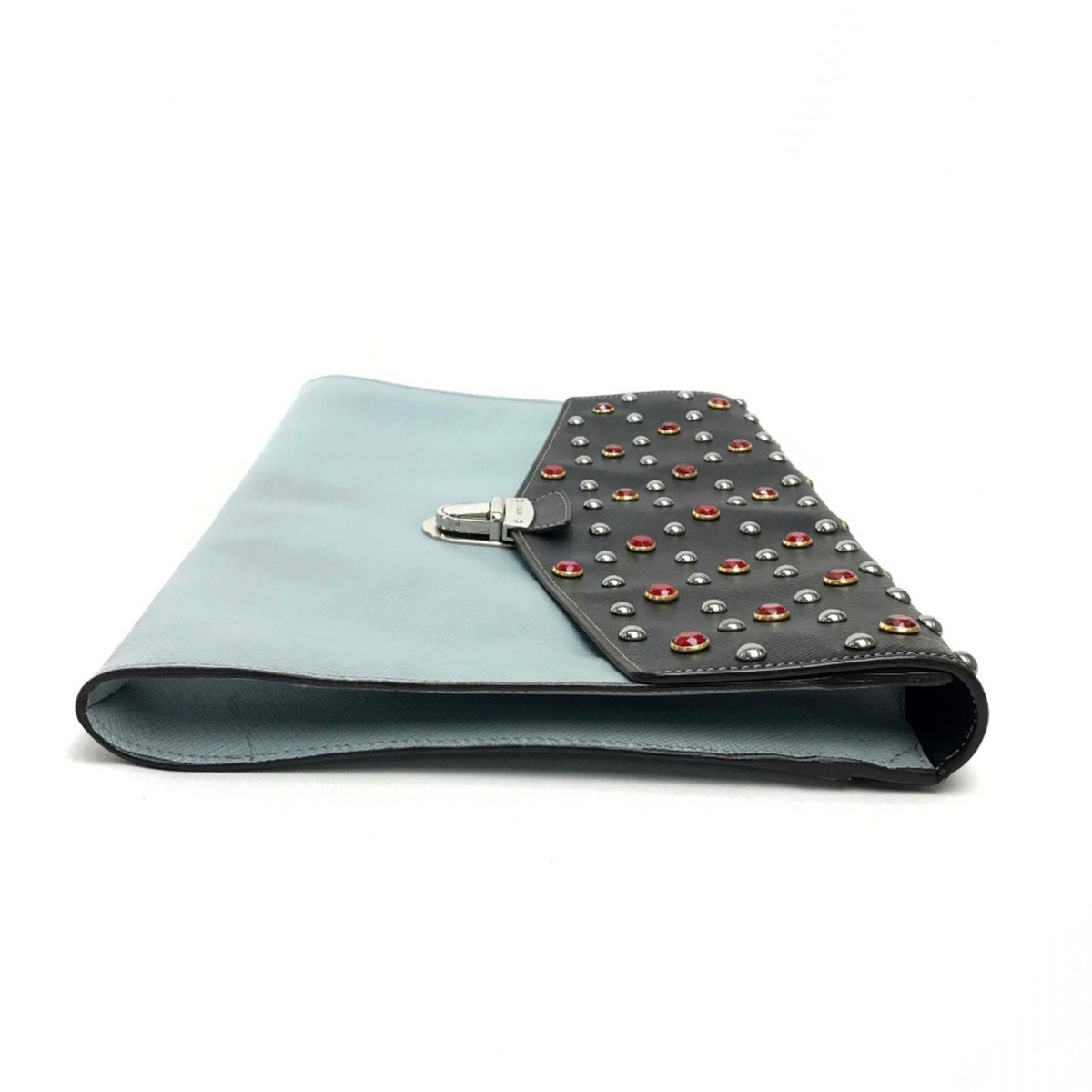 Prada Saffiano Black Light Blue Leather Clutch Bag (Pre-Owned)
