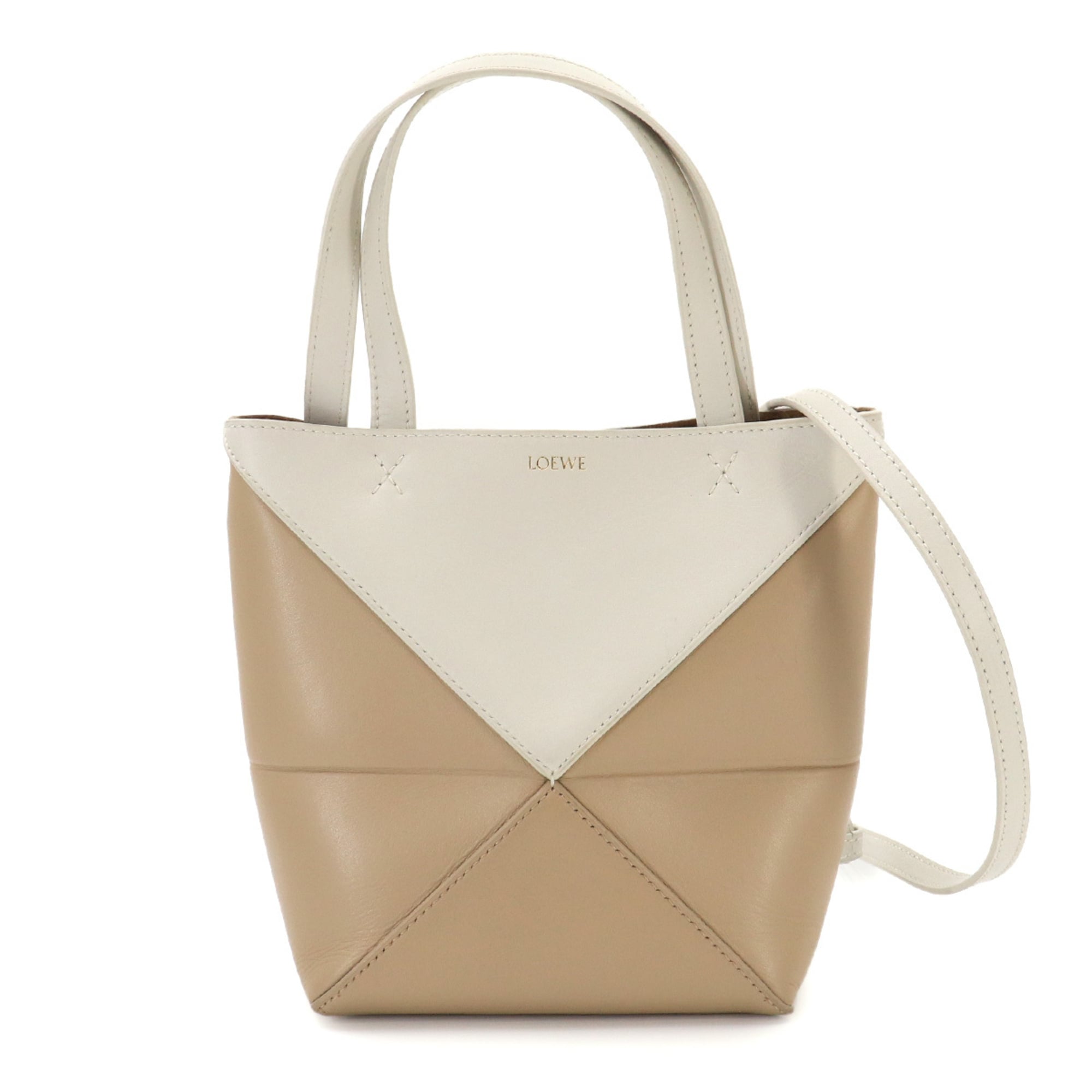 Loewe Puzzle Beige White Leather Handbag Tote Bag (Pre-Owned)