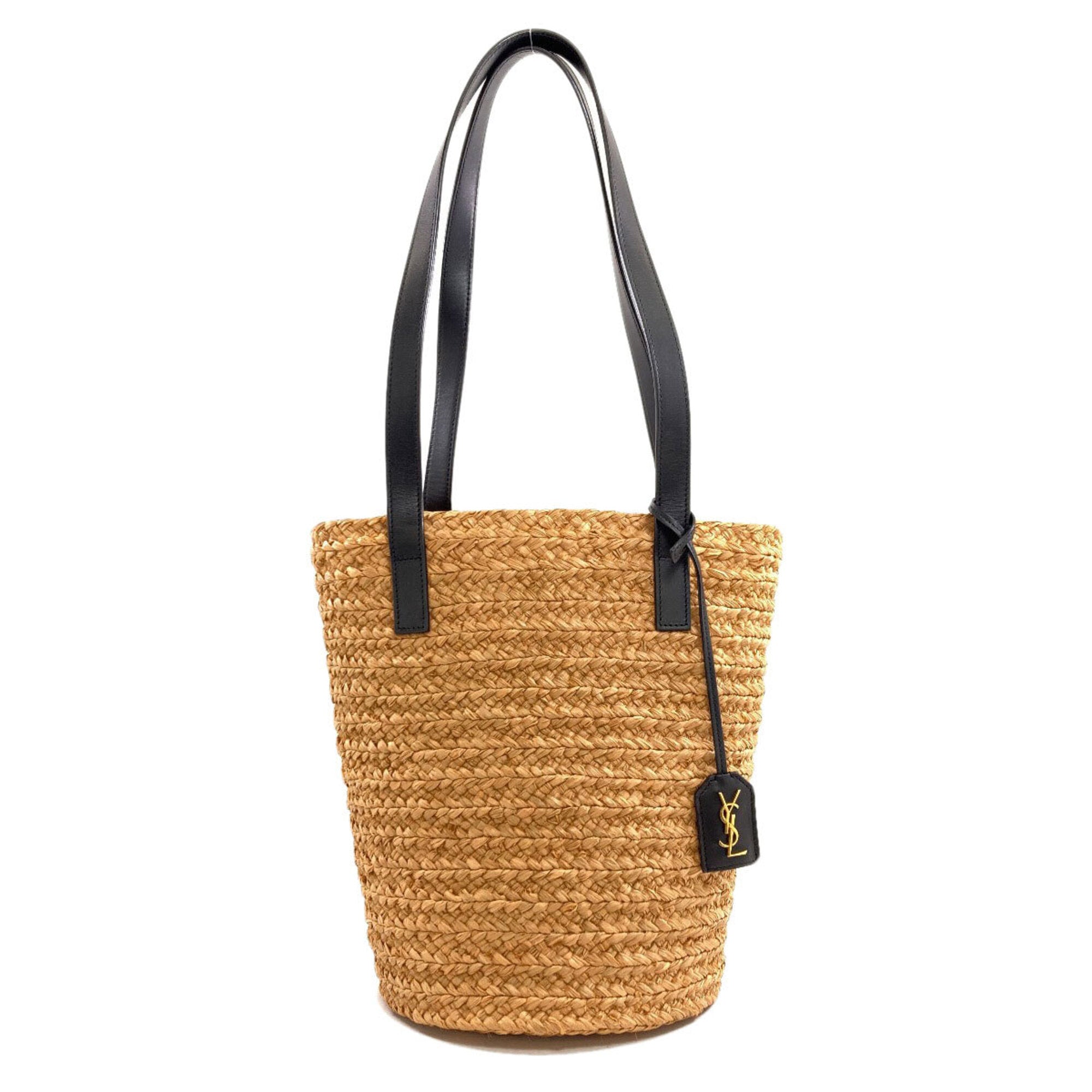 Yves Saint Laurent Black Brown Raffia Leather Tote Bag (Pre-Owned)