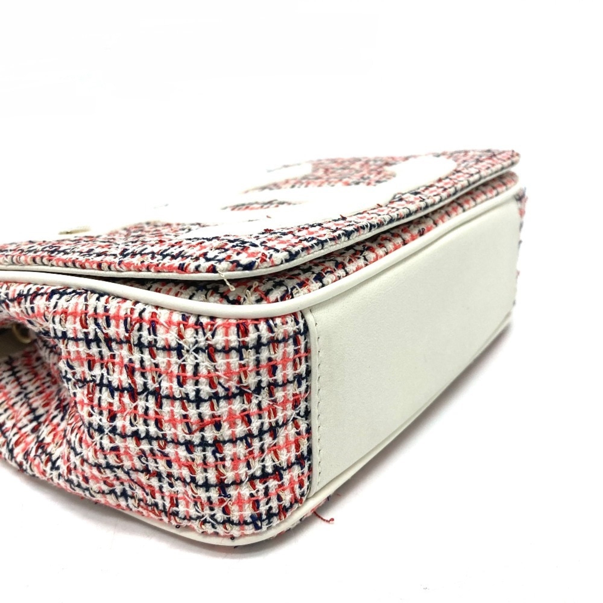 Chanel Red Color White Tweed Leather Pochette Shoulder Bag (Pre-Owned)