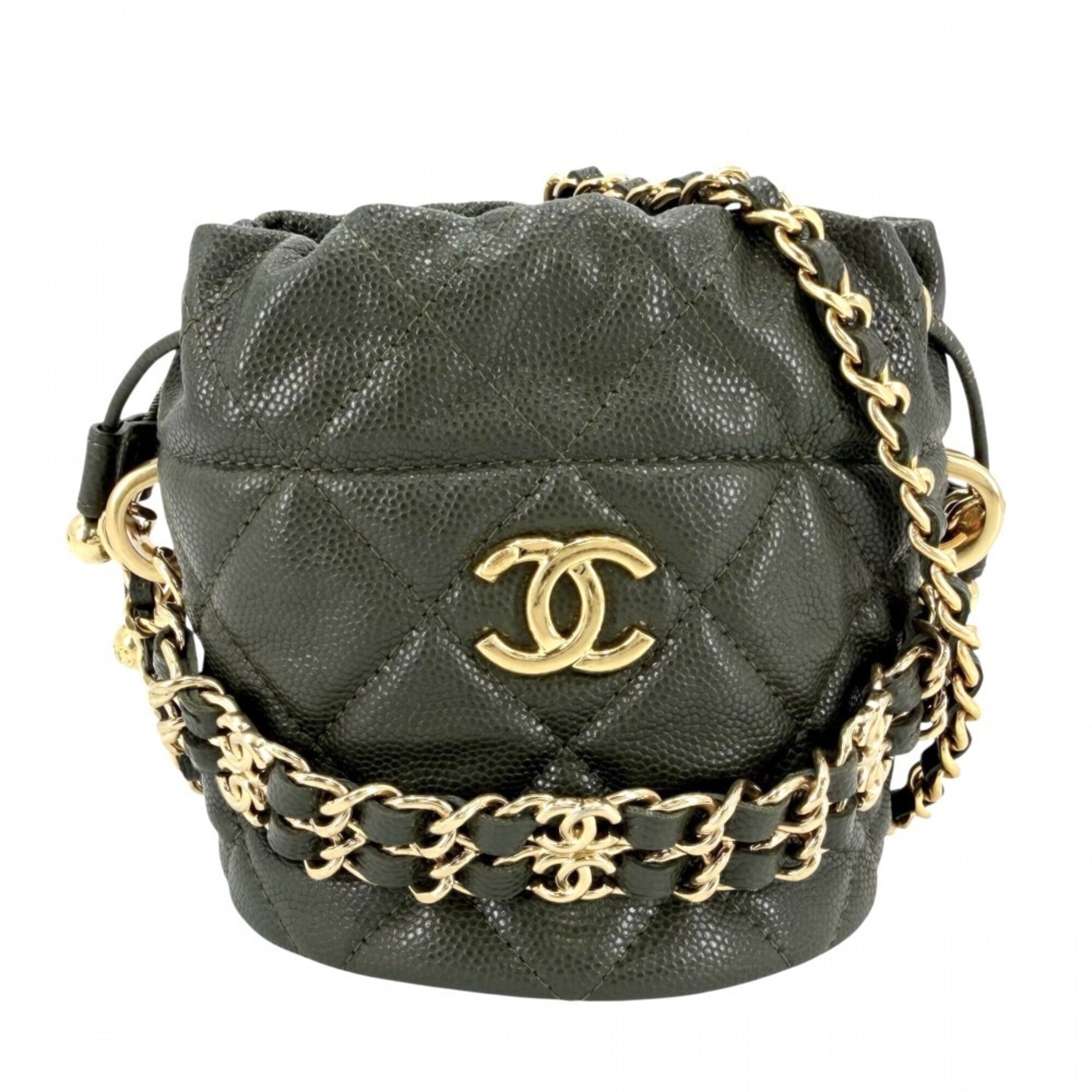 Chanel Khaki Grained Calfskin Pochette Shoulder Bag (Pre-Owned)