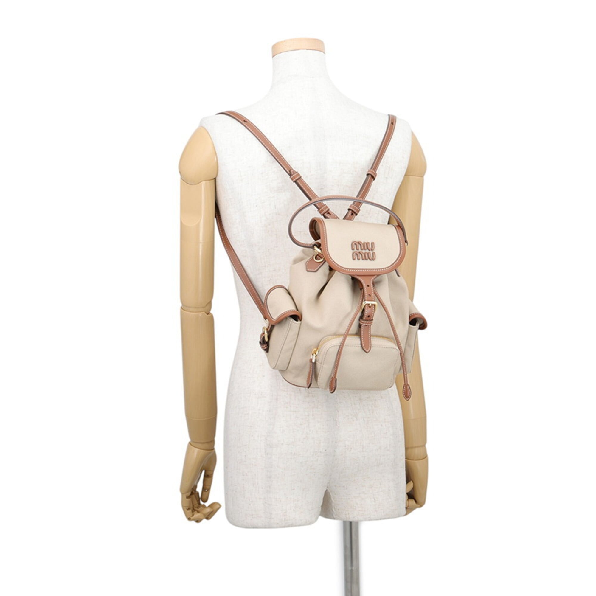 Miu Miu Beige Brown Leather Canvas Backpack Handbag (Pre-Owned)