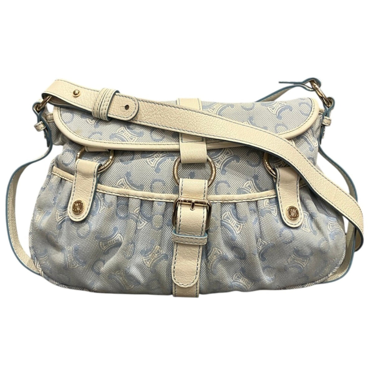 Celine Blue White Canvas Leather Shoulder Bag (Pre-Owned)