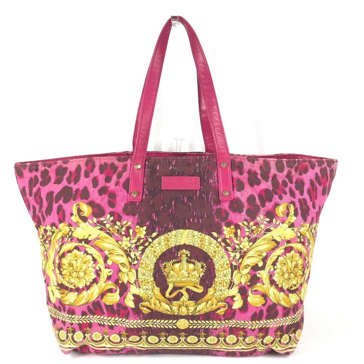Versace Pink Yellow Leather Canvas Shoulder Bag Tote Bag (Pre-Owned)