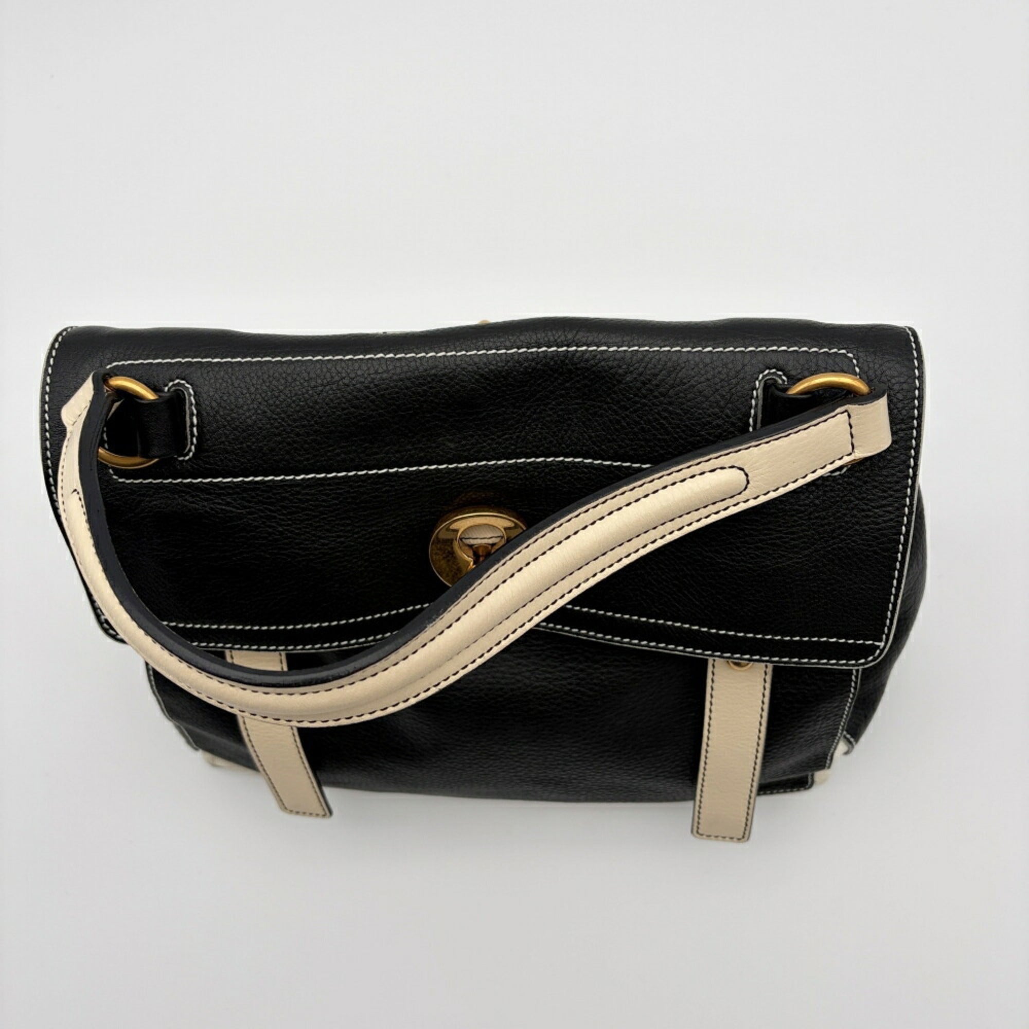 Yves Saint Laurent Black White Leather Canvas Handbag (Pre-Owned)
