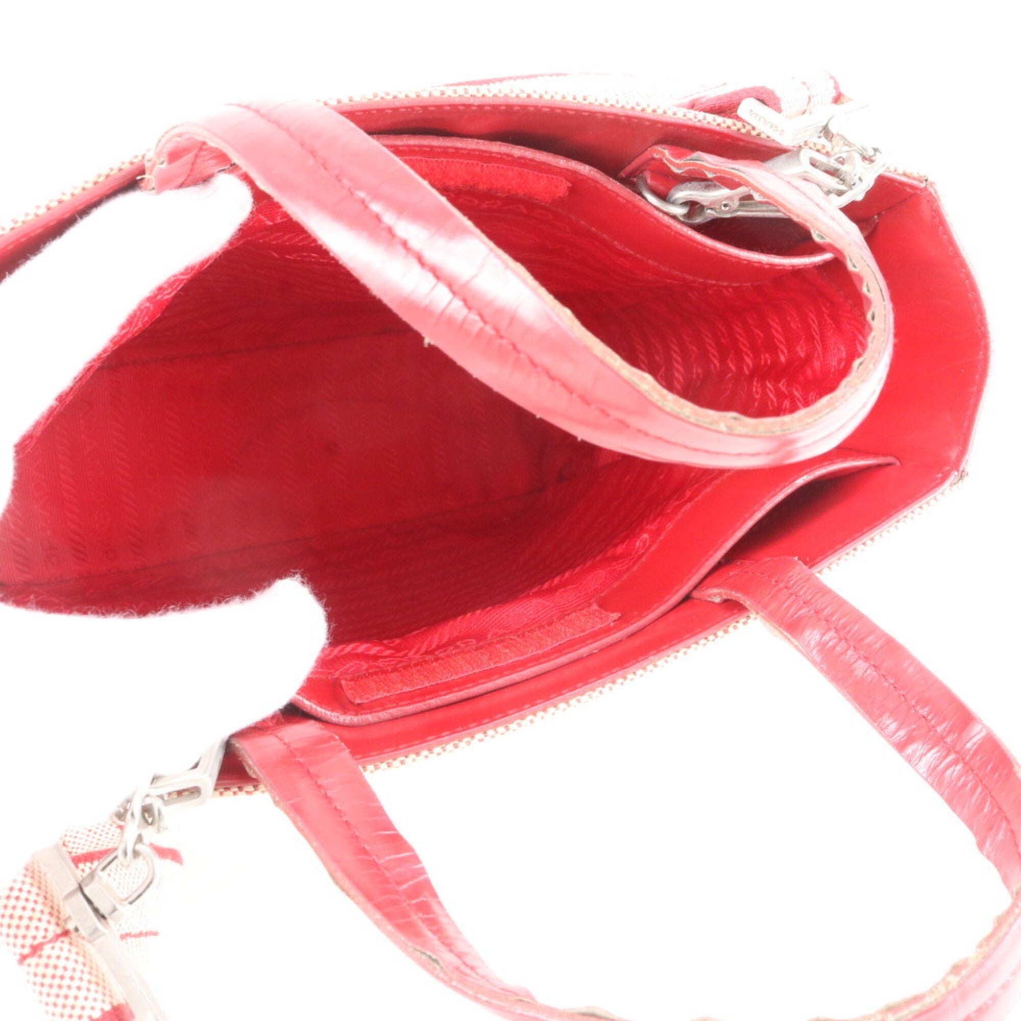 Prada Red Color Leather Canvas Crossbody Bag Handbag Shoulder Bag Tote Bag (Pre-Owned)