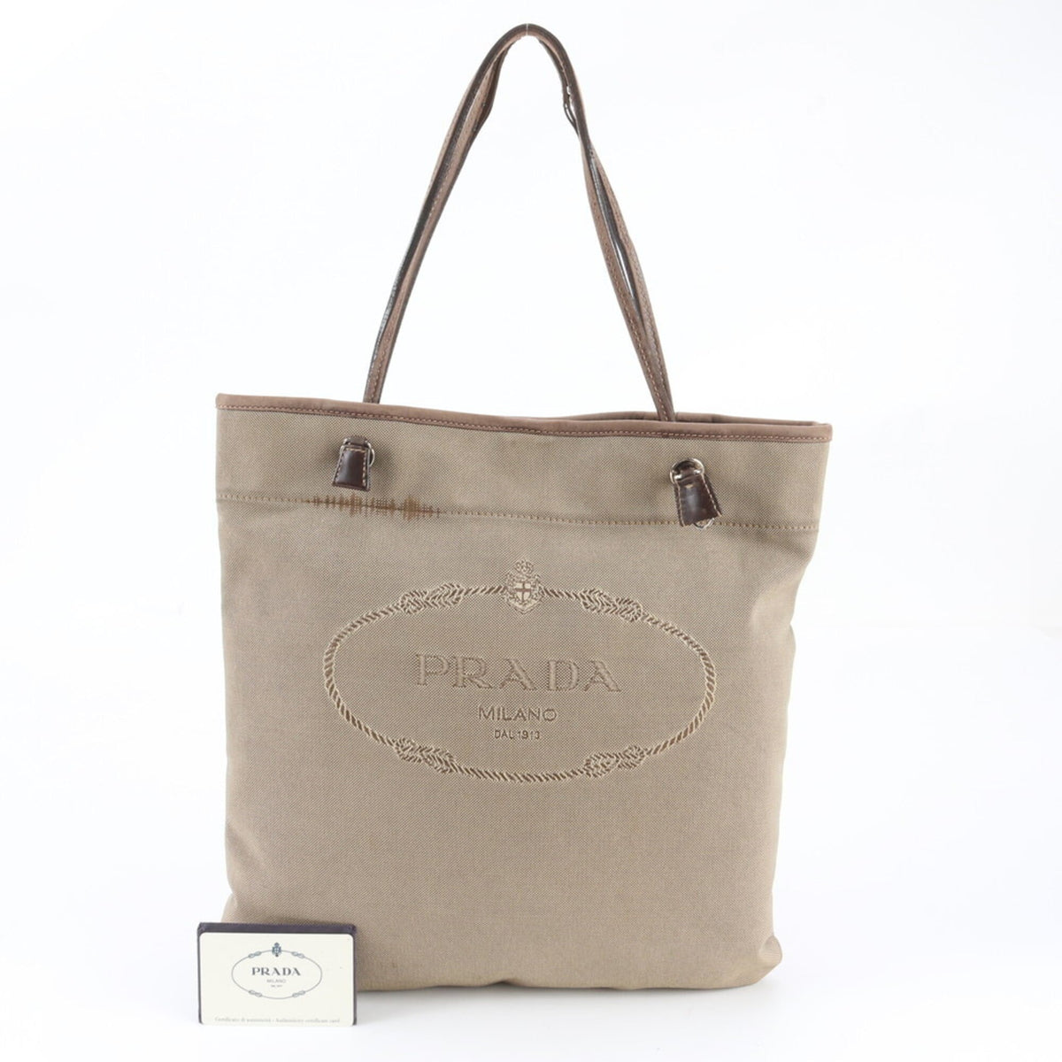 Prada Brown Leather Canvas Handbag Shoulder Bag Tote Bag (Pre-Owned)