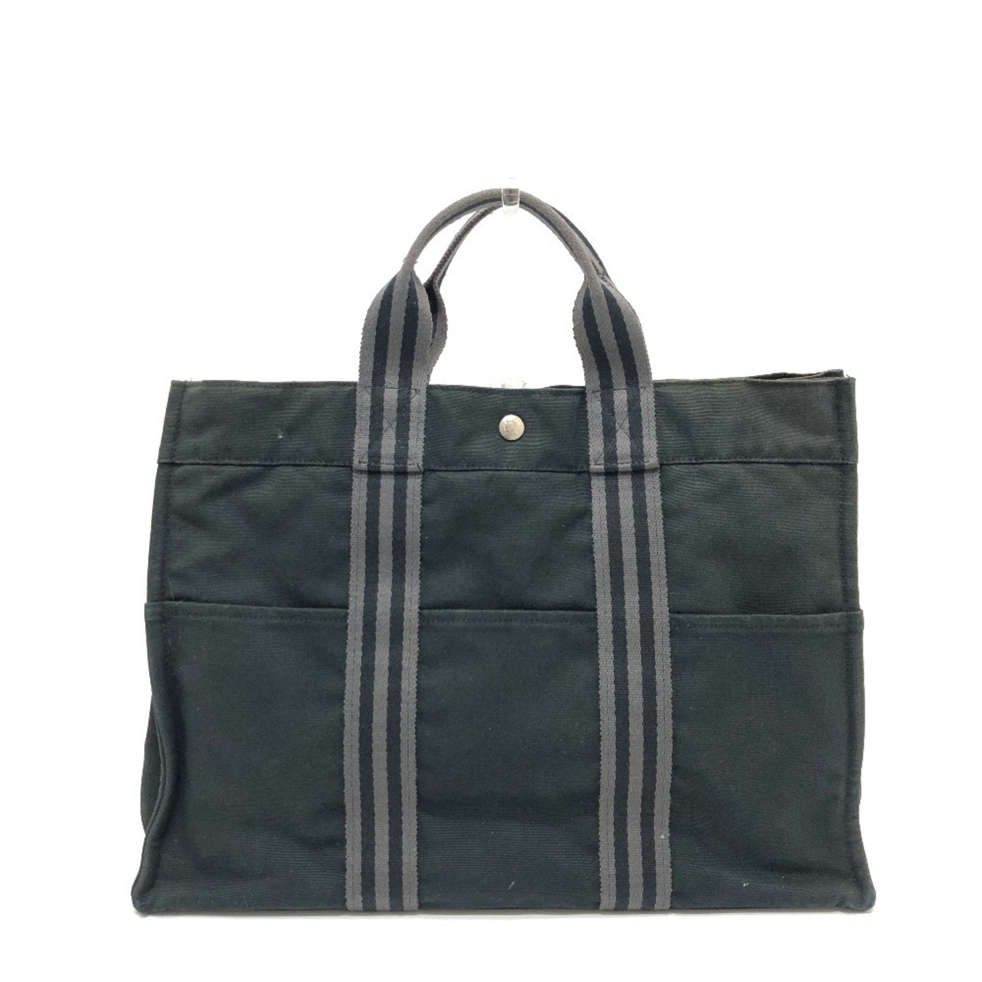 Hermes Black Gray Canvas Handbag Tote Bag (Pre-Owned)