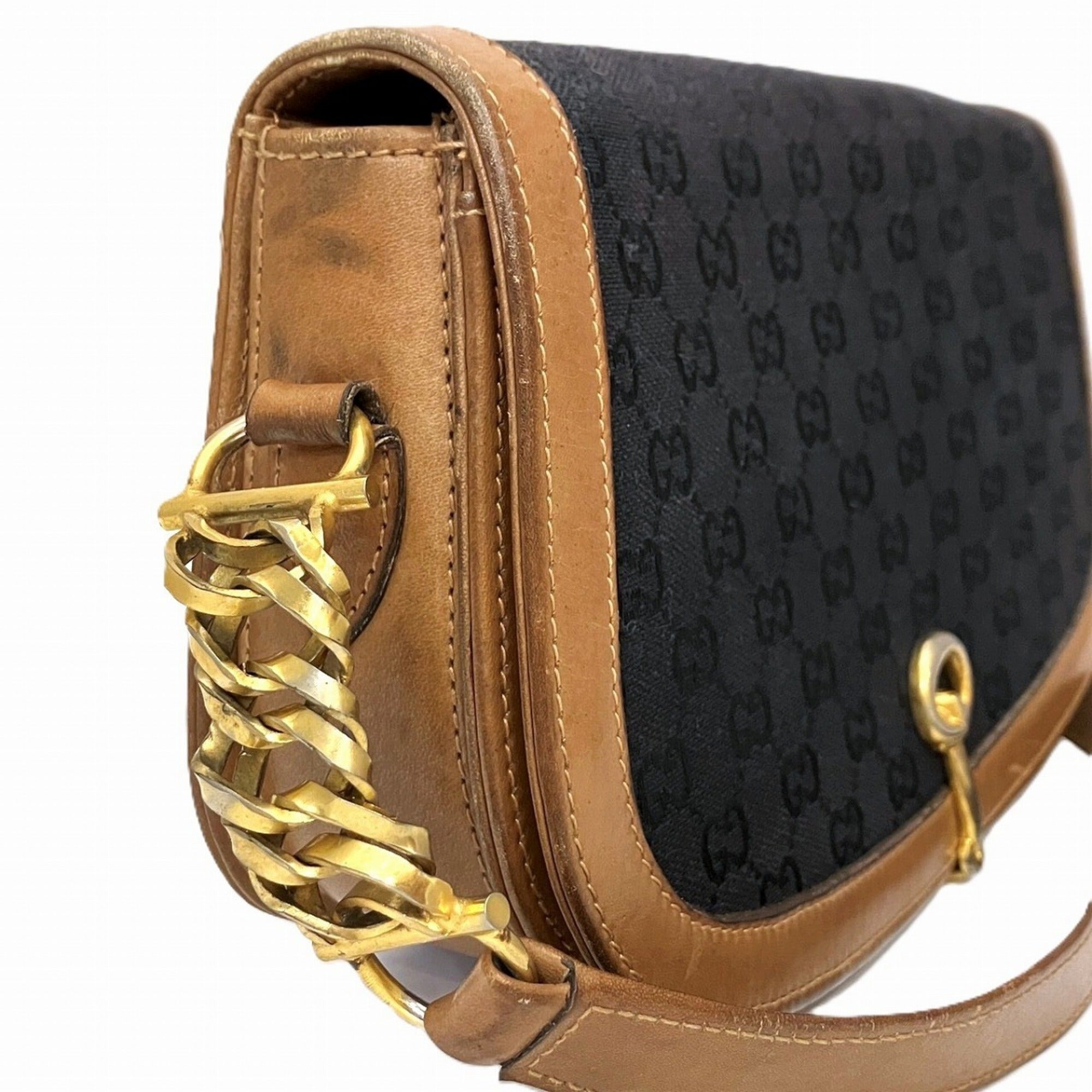 Gucci Horsebit Brown Canvas Leather Shoulder Bag (Pre-Owned)
