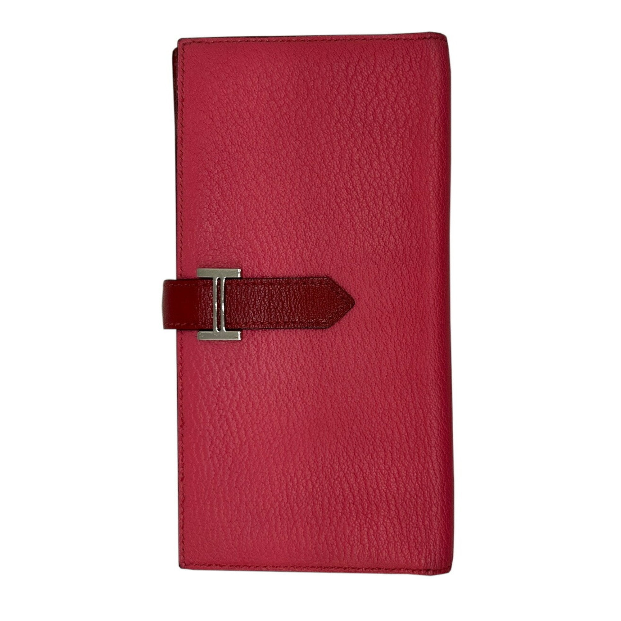 Hermes Bicolor Rouge Garance Chevre Leather Long Wallet (Bi-Fold) (Pre-Owned)