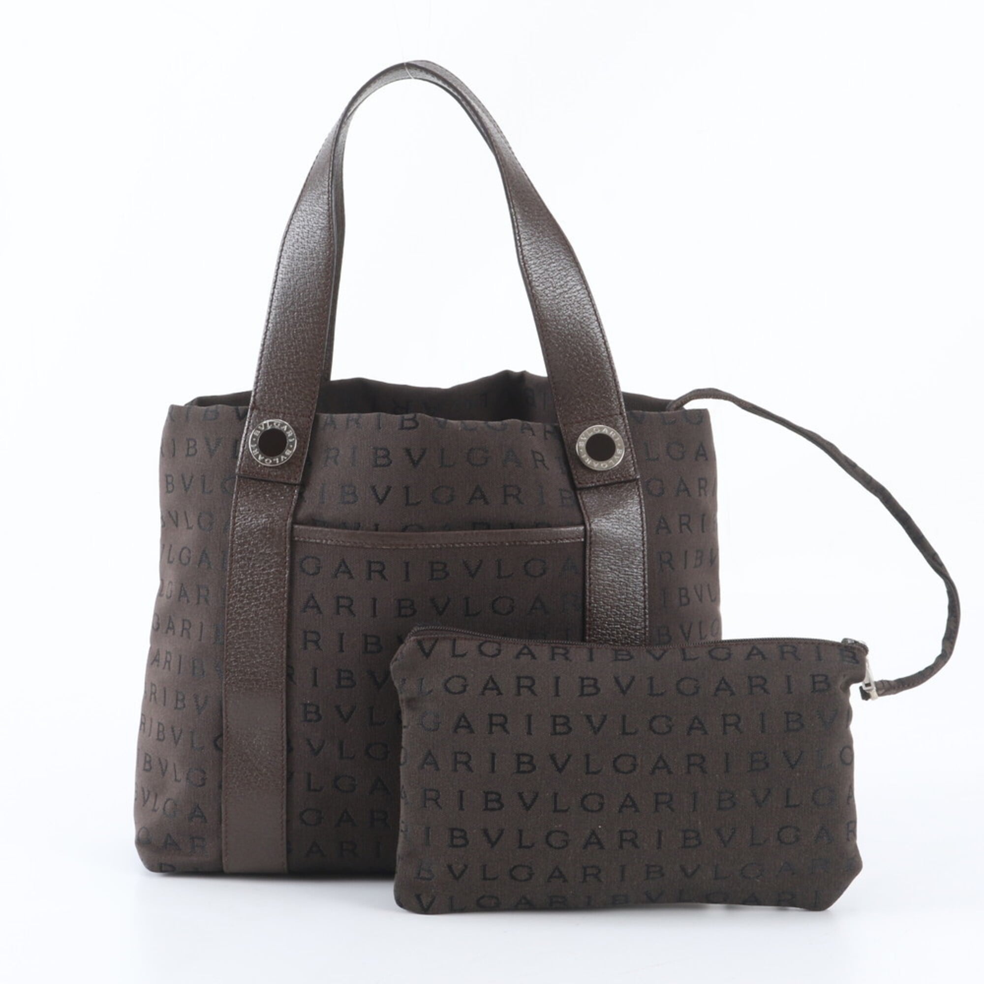 Bvlgari Logomania Brown Leather Canvas Handbag Tote Bag (Pre-Owned)