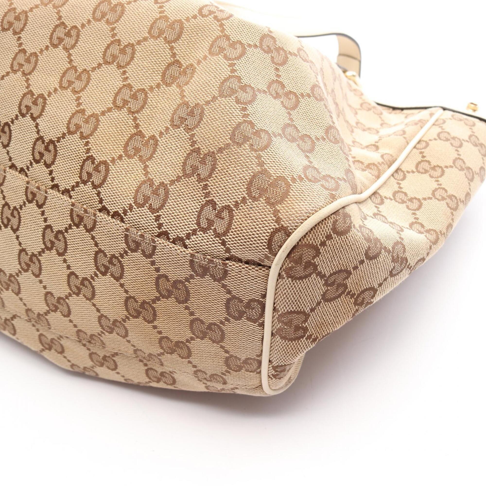 Gucci Beige White Canvas Leather Handbag Tote Bag (Pre-Owned)
