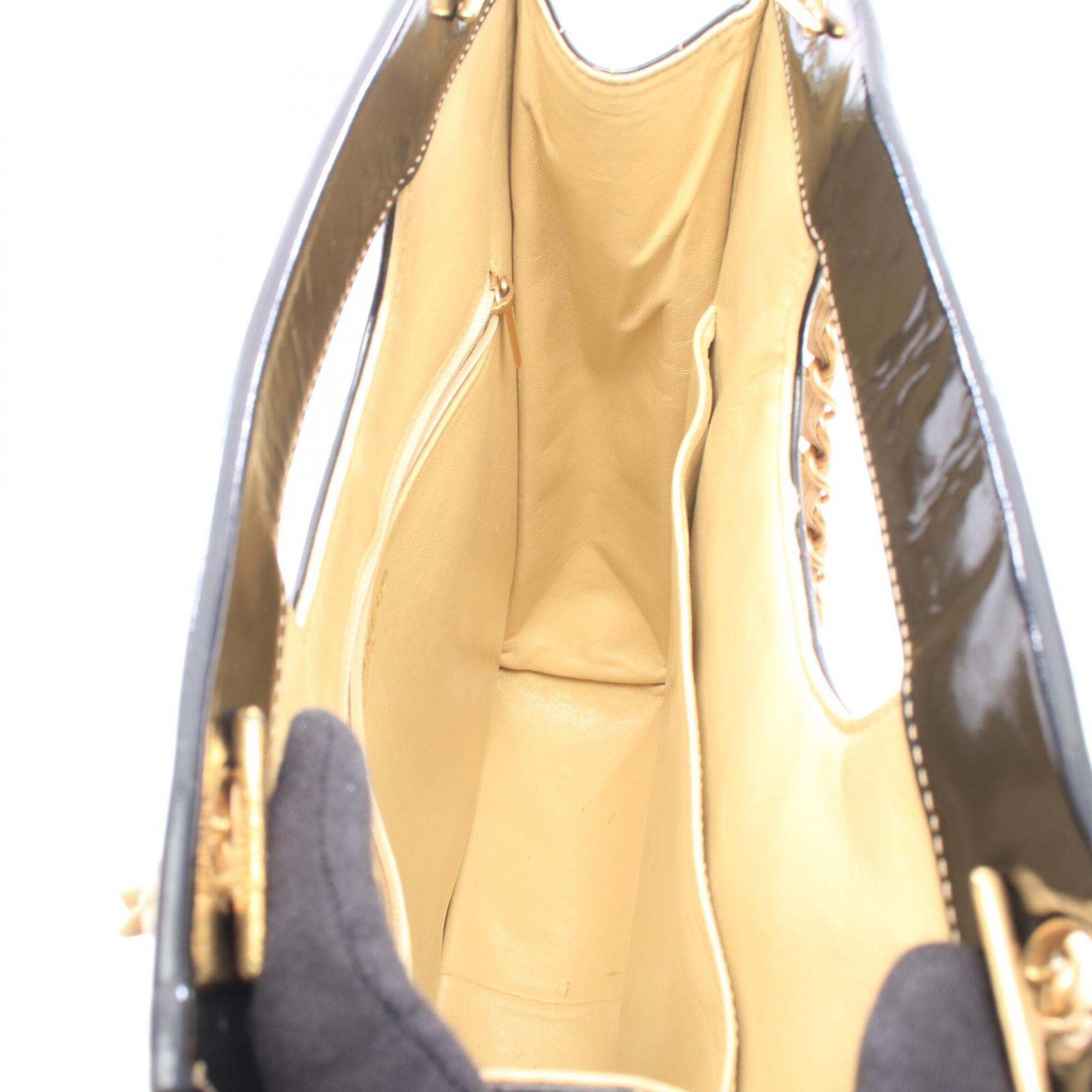 Chanel Beige Black Patent Leather Leather Handbag Tote Bag (Pre-Owned)