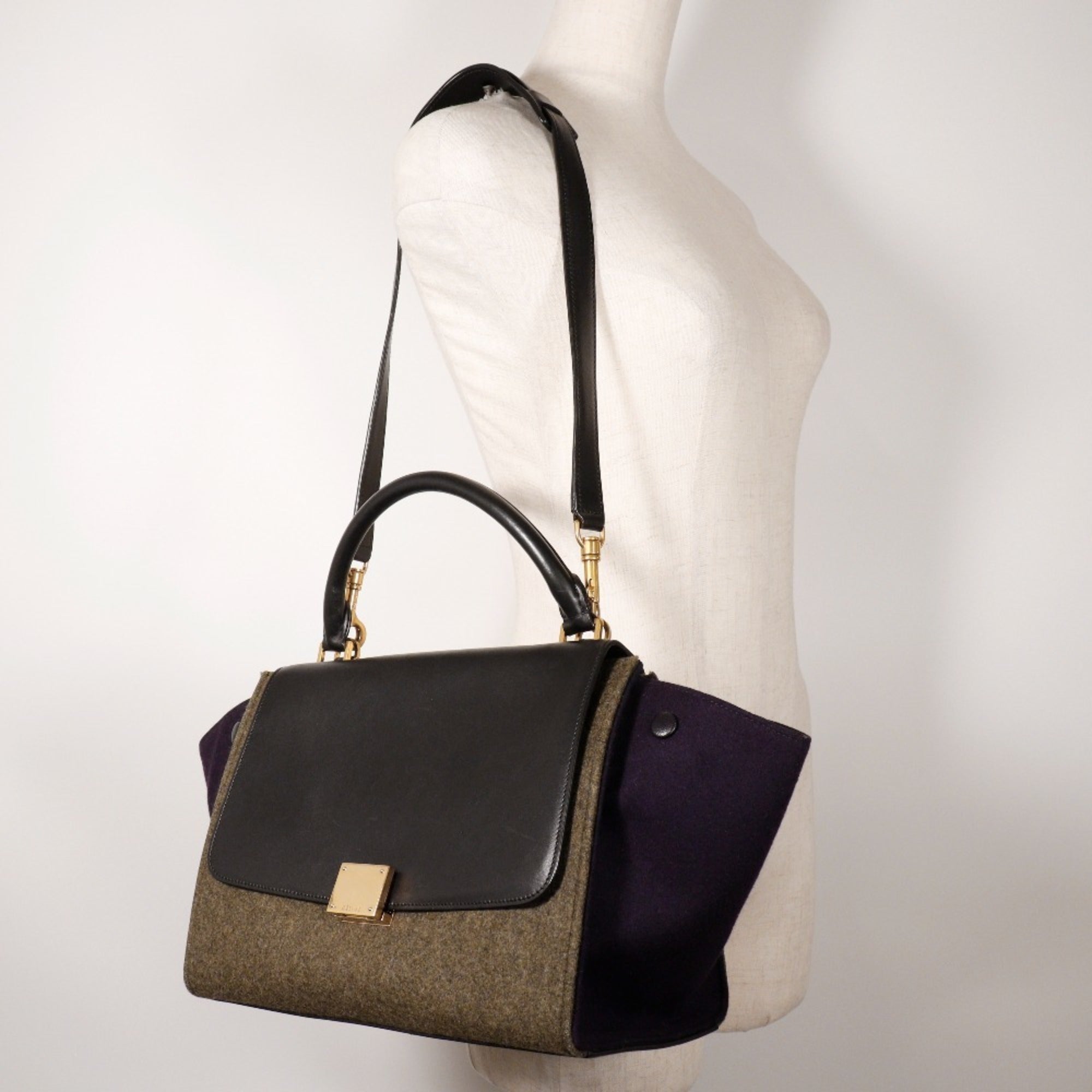 Celine Trapeze Black Gray Felt Leather Handbag (Pre-Owned)