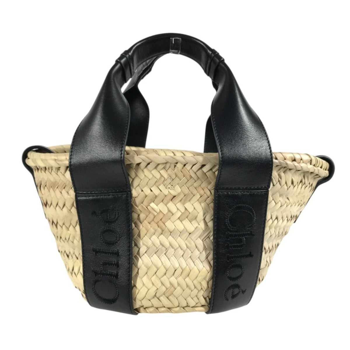 Chloé Beige Black Raffia Leather Basket Handbag Shoulder Bag Tote Bag (Pre-Owned)