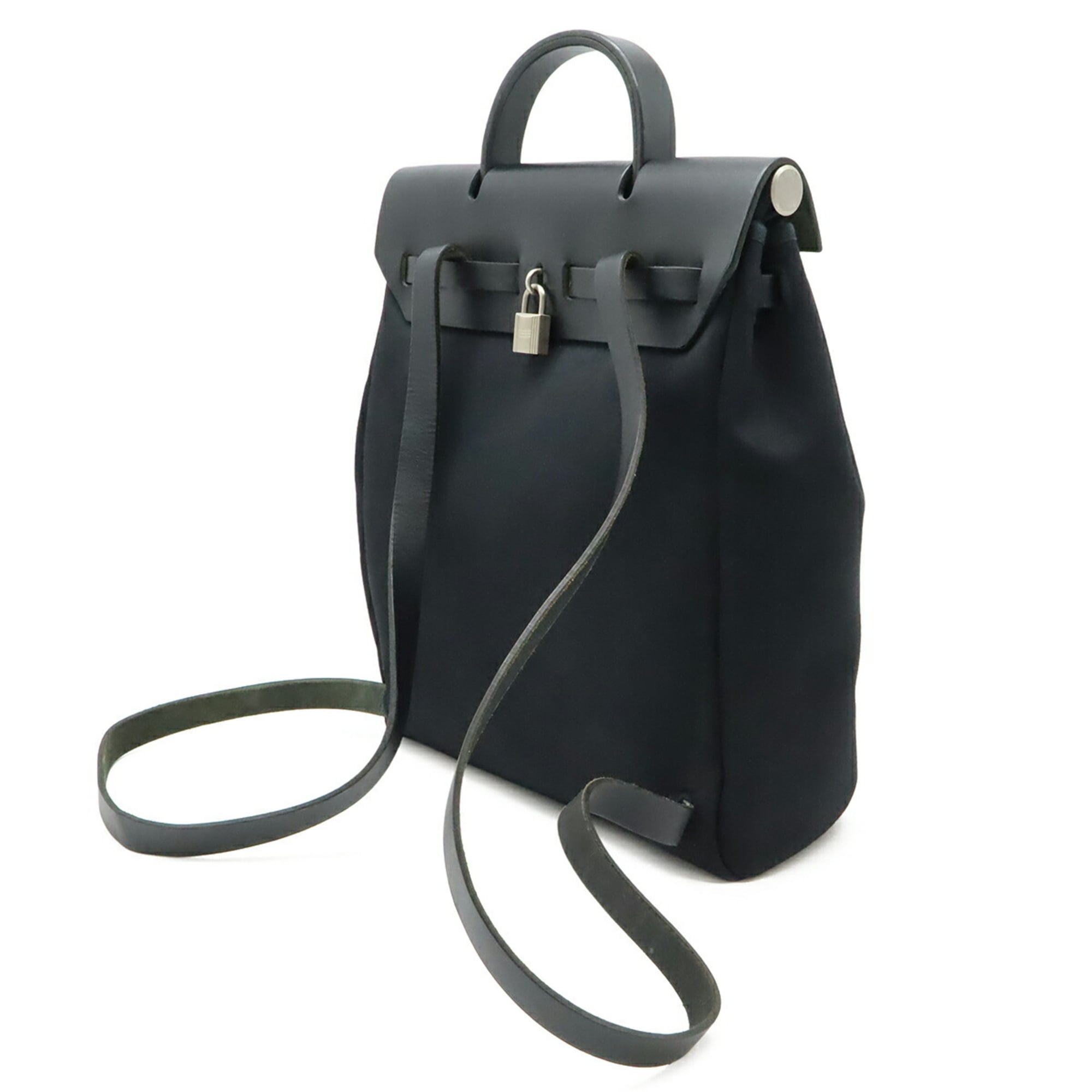 Hermes Her Bag Black Toile Officier Leather Backpack Handbag (Pre-Owned)