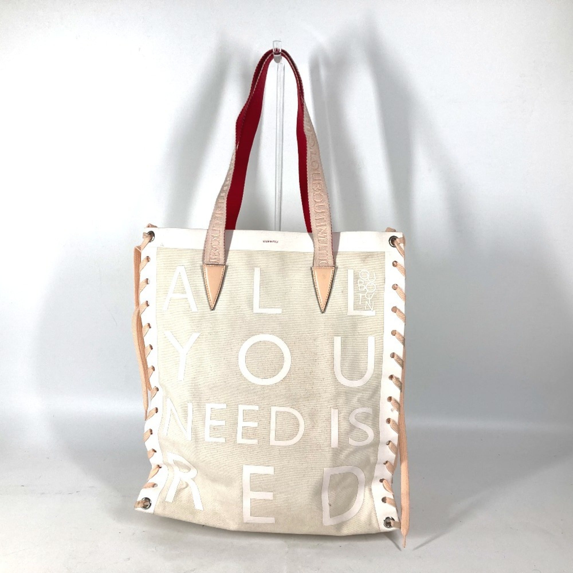 Christian Louboutin Pink White Canvas Leather Shoulder Bag Tote Bag (Pre-Owned)