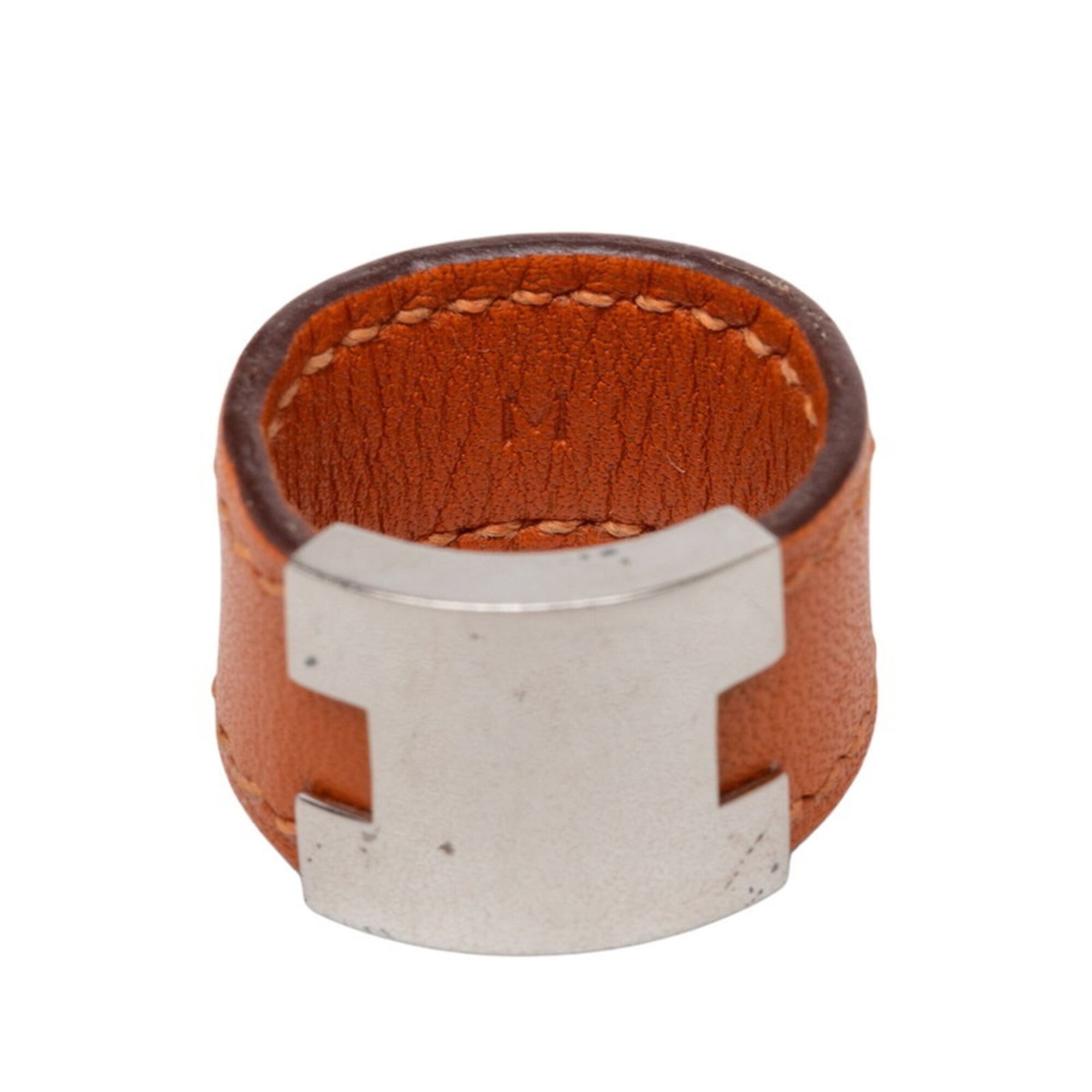 Hermes Silver Orange Leather Metal Band Ring (Pre-Owned)