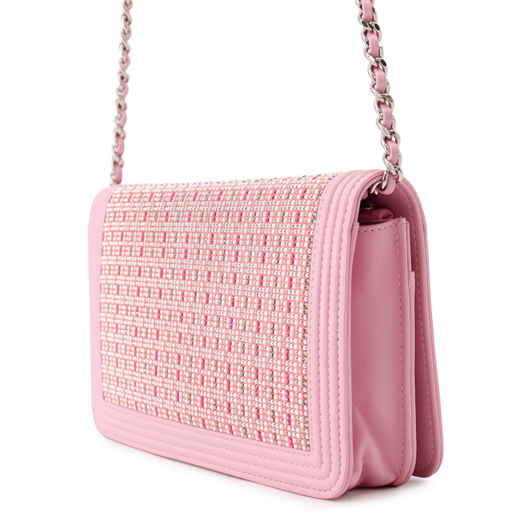 Chanel Pink Leather Rhinestone Chain/Shoulder Wallet (Pre-Owned)
