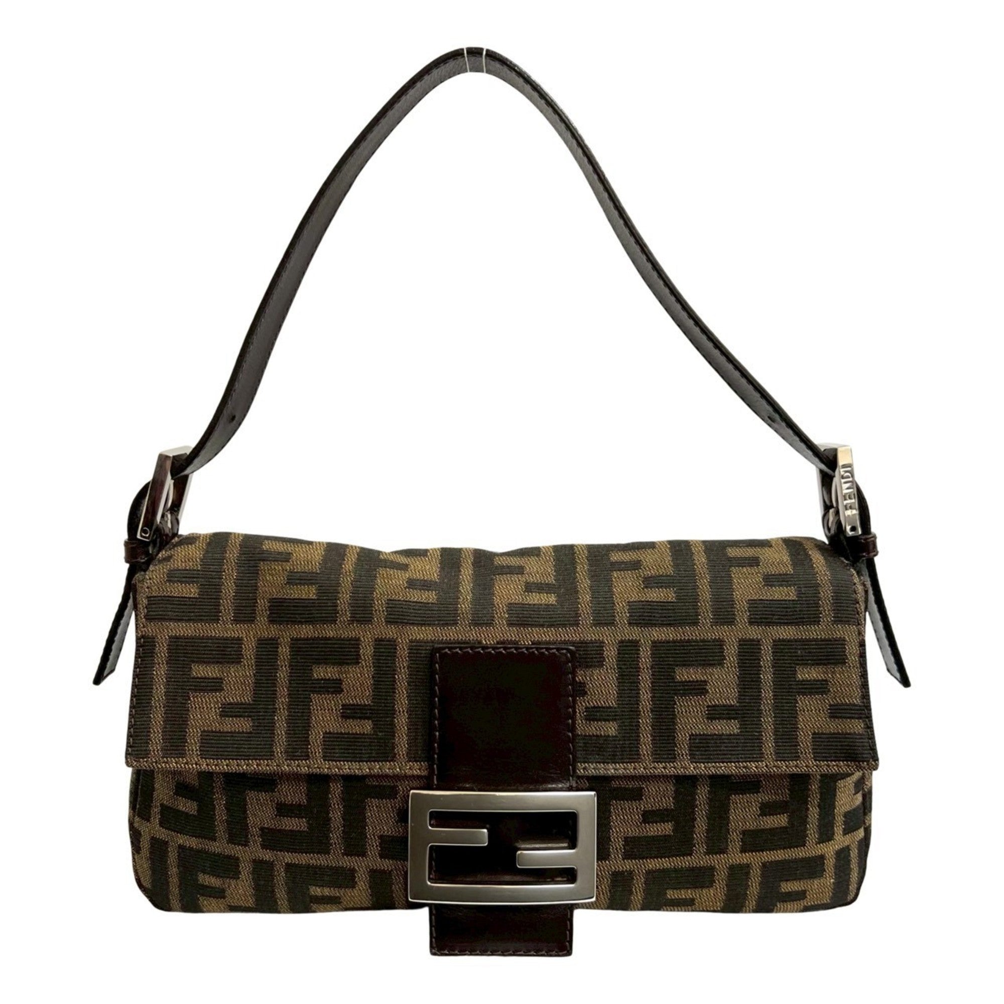 Fendi Black Brown Leather Canvas Shoulder Bag (Pre-Owned)