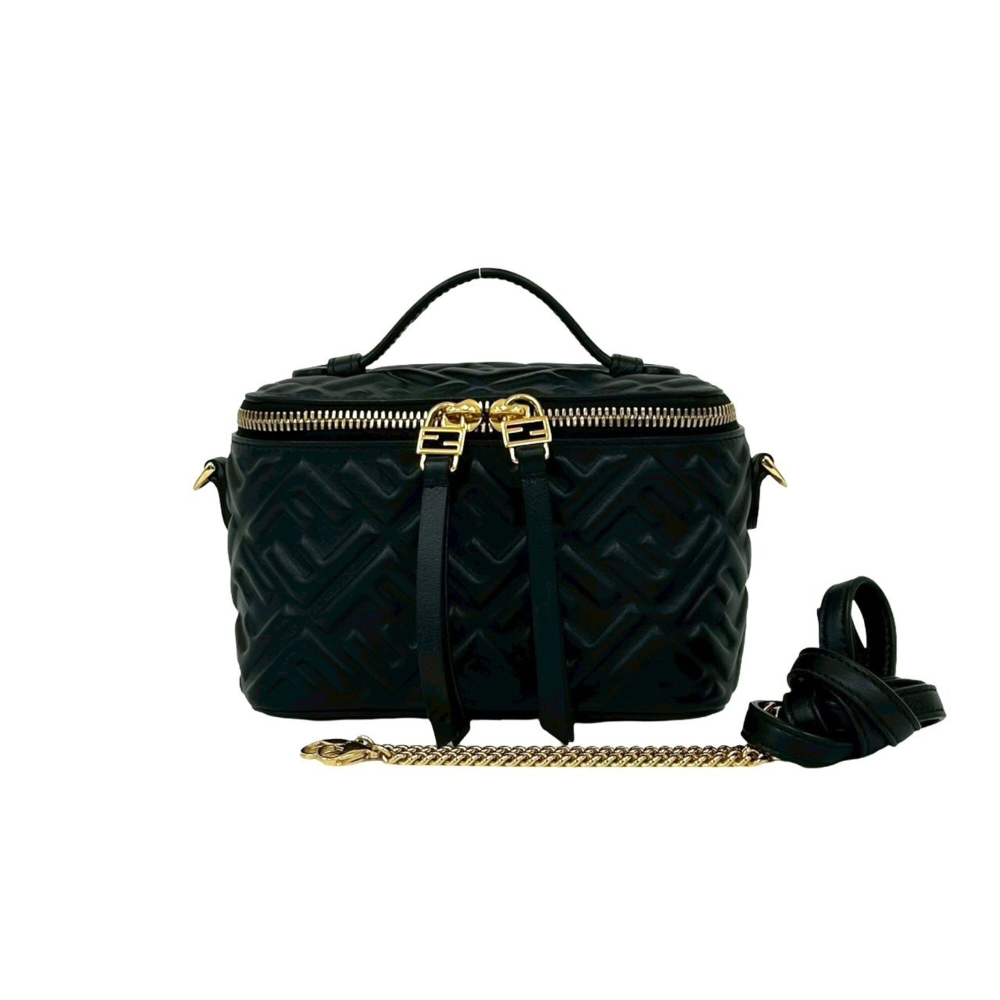 Fendi Black Leather Handbag Shoulder Bag Vanity Bag (Pre-Owned)