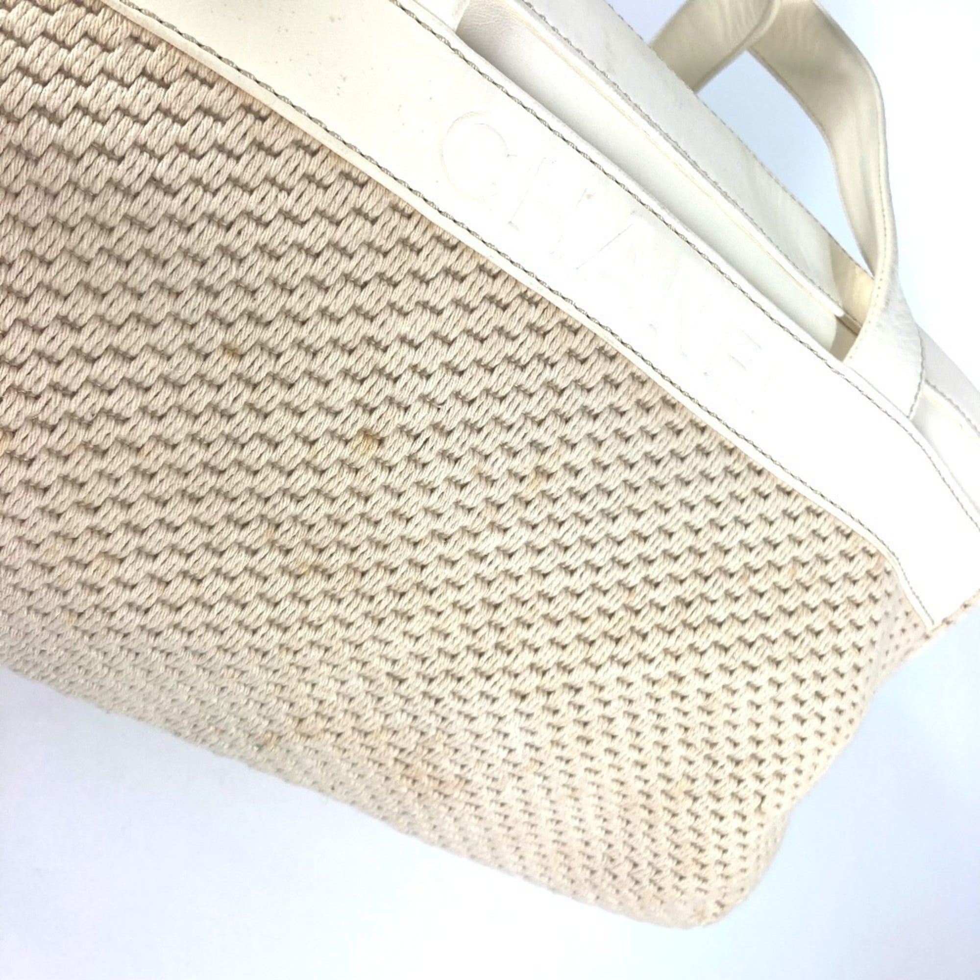 Chanel Beige White Leather Canvas Handbag Shoulder Bag Tote Bag (Pre-Owned)