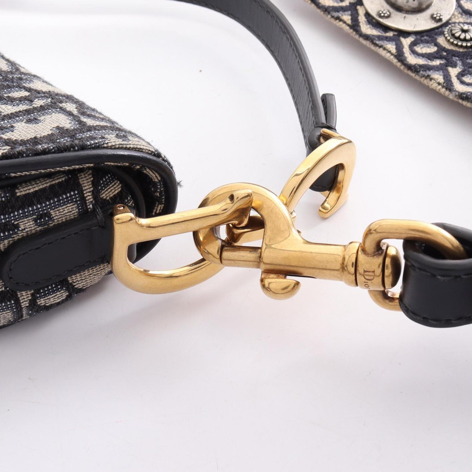 Christian Dior Beige Navy Canvas Leather Handbag Saddle Bag (Pre-Owned)