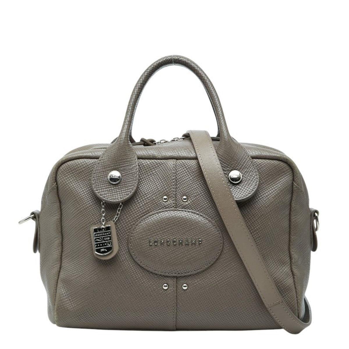 Longchamp Gray Beige Leather Handbag Shoulder Bag (Pre-Owned)