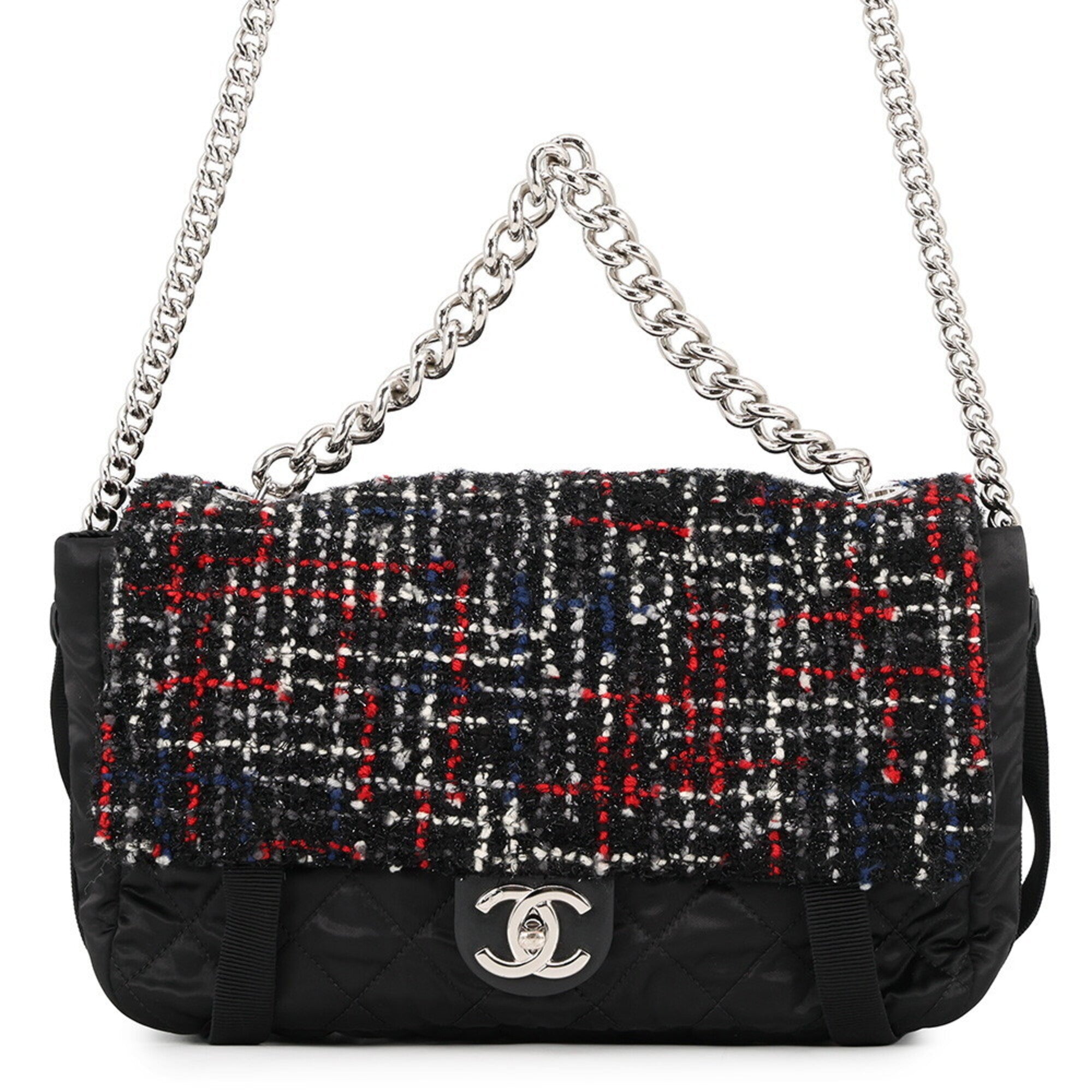 Chanel Black Red Color Tweed Nylon Shoulder Bag (Pre-Owned)