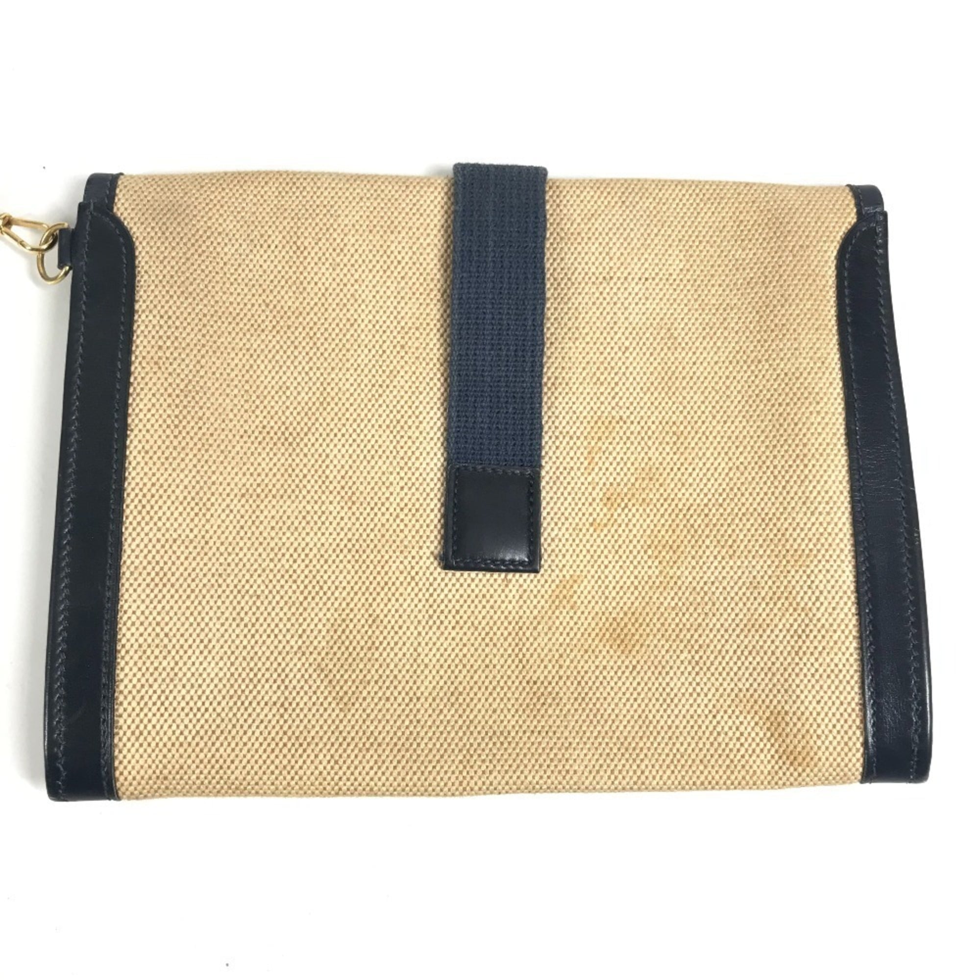 Hermes Beige Navy Leather Canvas Shoulder Bag (Pre-Owned)