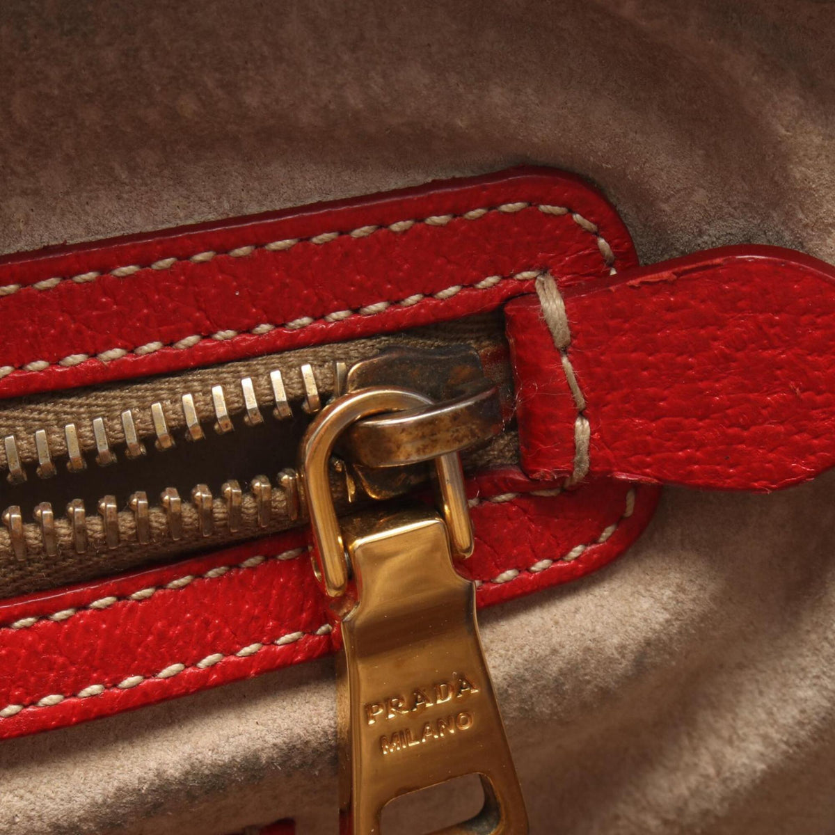 Prada Beige Red Color Canvas Leather Handbag (Pre-Owned)