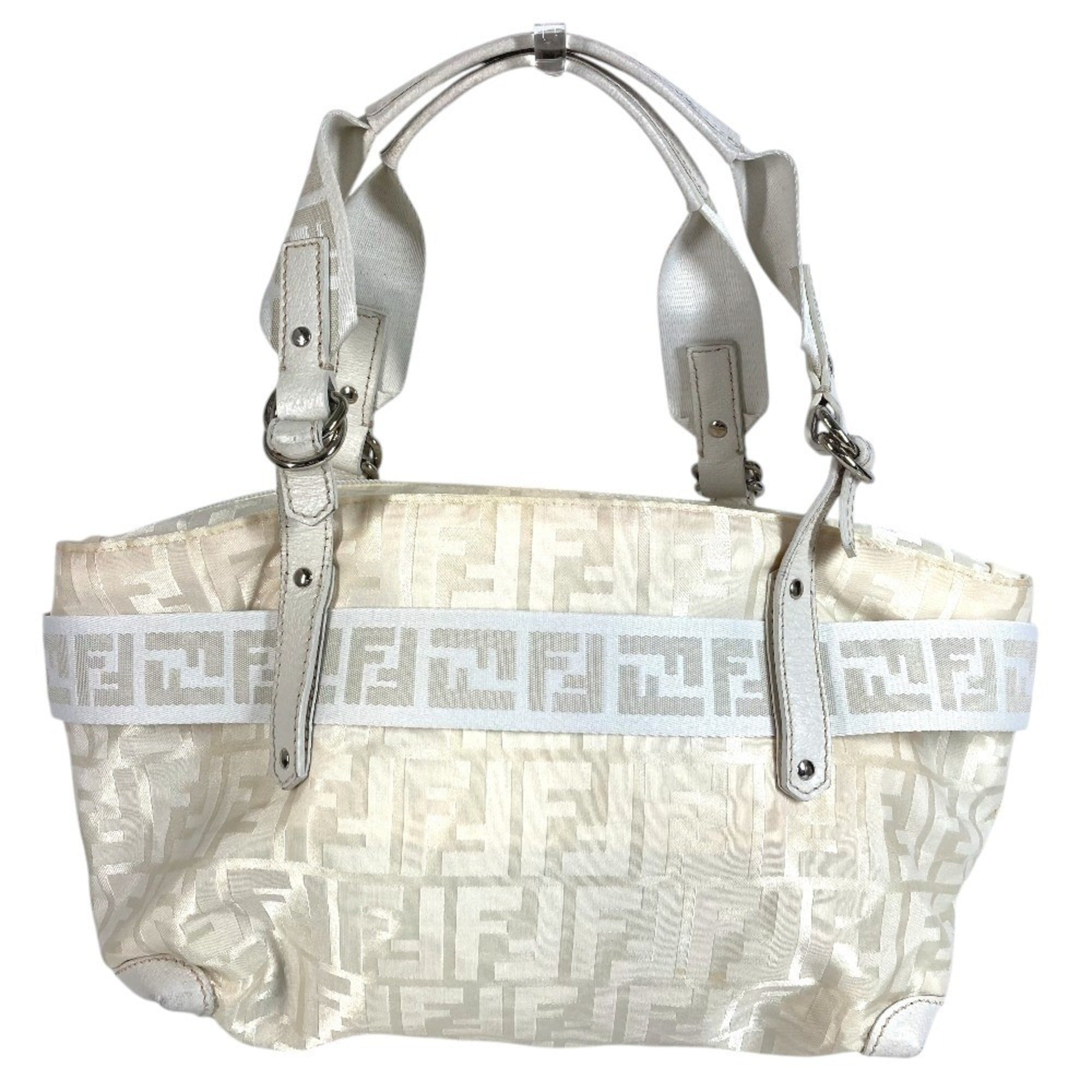 Fendi White Nylon Canvas Leather Handbag Shoulder Bag Tote Bag (Pre-Owned)