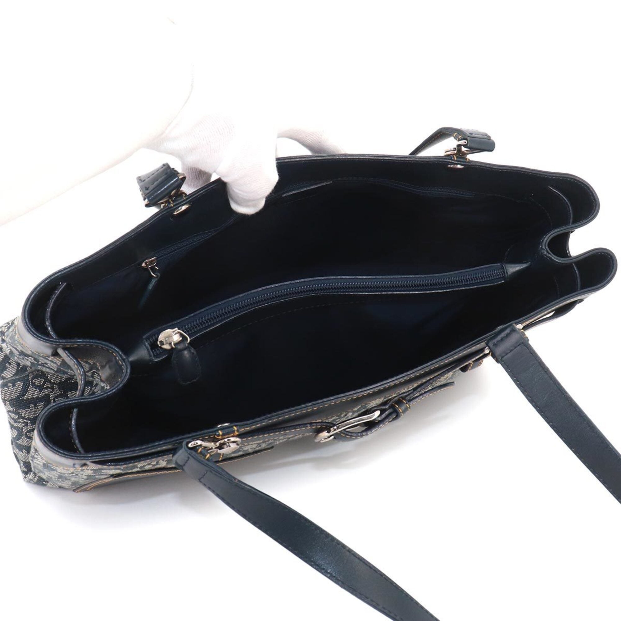 Christian Dior Navy Leather Canvas Handbag Tote Bag (Pre-Owned)