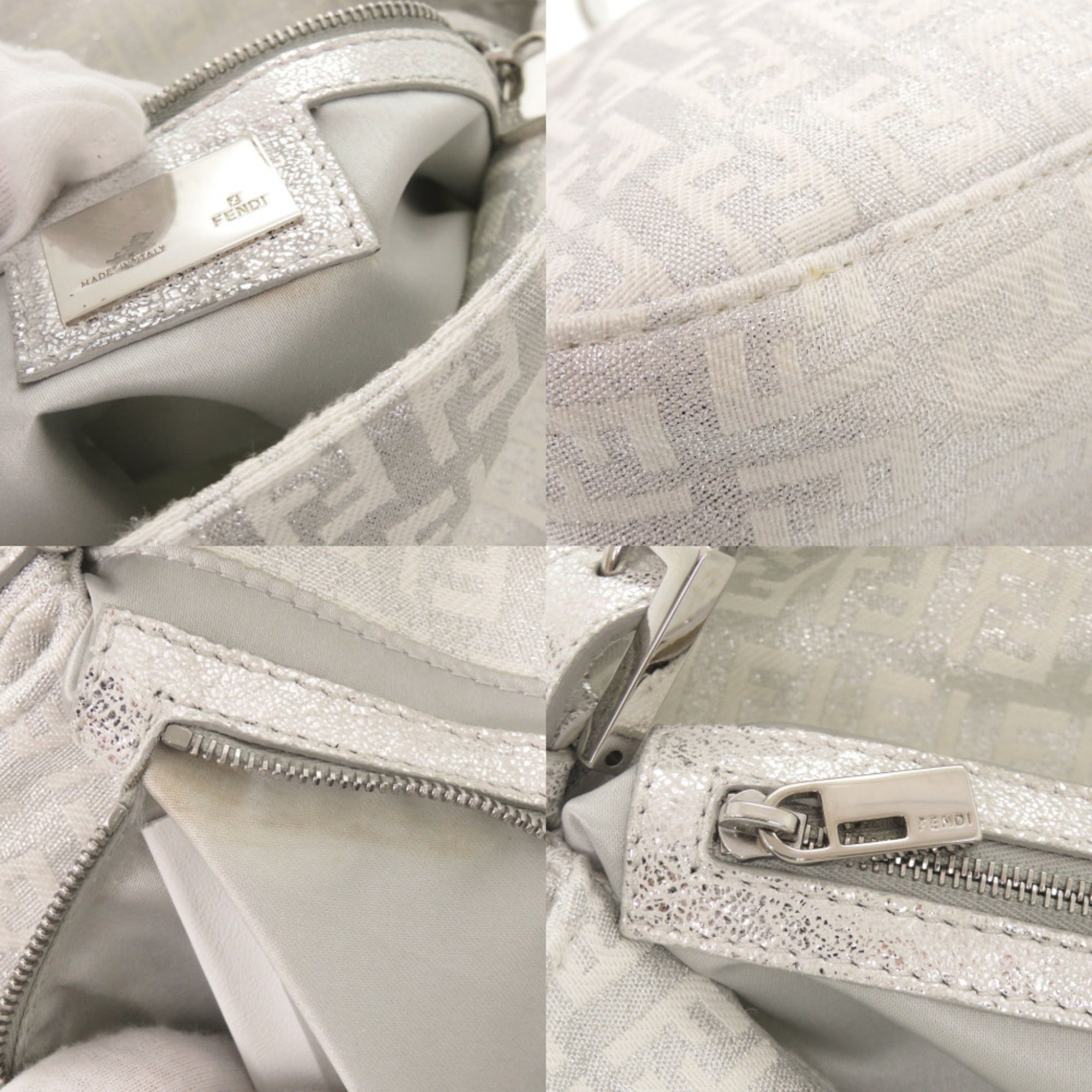Fendi Silver Canvas Leather Handbag Shoulder Bag (Pre-Owned)