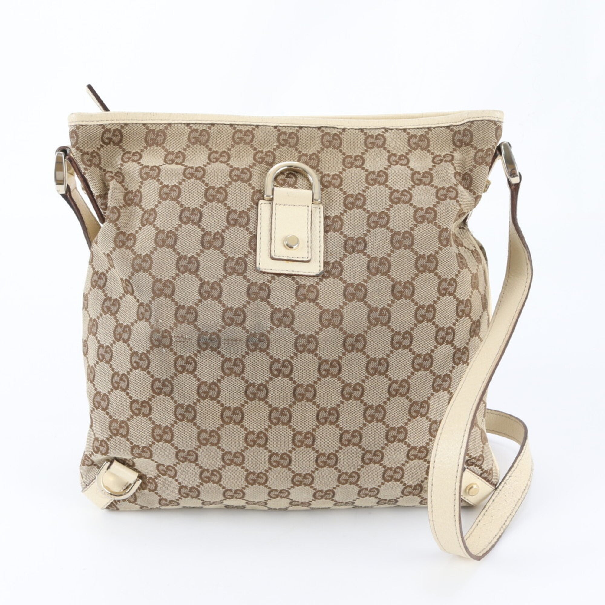 Gucci Beige White Leather Canvas Handbag Shoulder Bag Tote Bag (Pre-Owned)