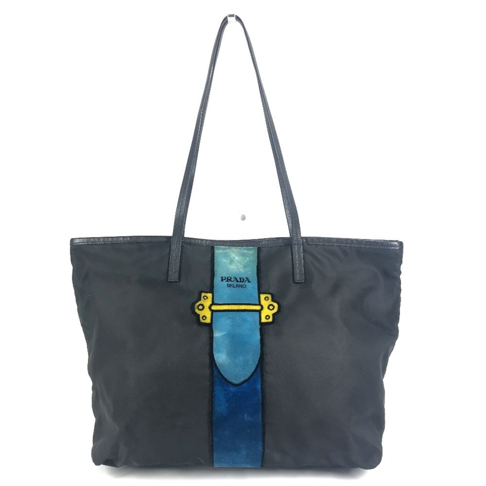 Prada Black Blue Leather Nylon Shoulder Bag Tote Bag (Pre-Owned)