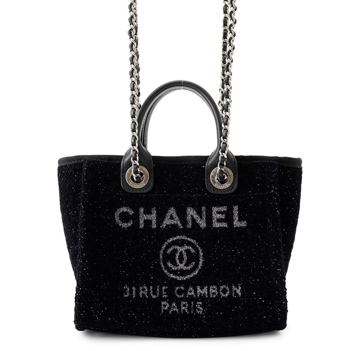 Chanel Black Canvas Leather Handbag Shoulder Bag Tote Bag (Pre-Owned)