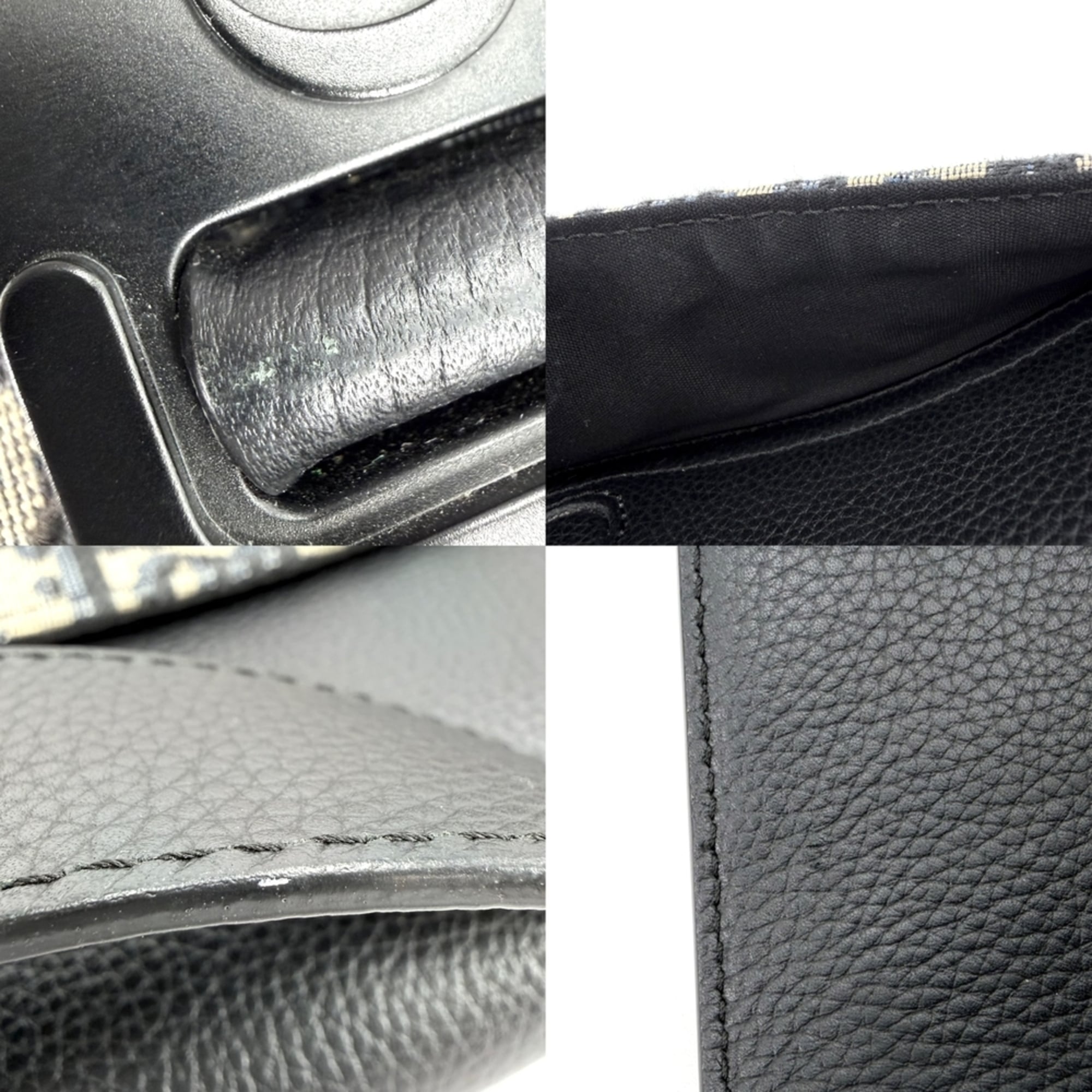 Christian Dior Beige Black Leather Canvas Shoulder Bag (Pre-Owned)