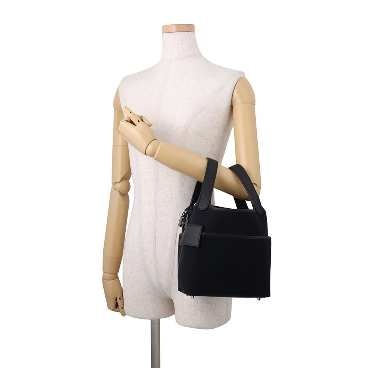 Hermes Black Swift Leather Cotton Canvas Handbag (Pre-Owned)