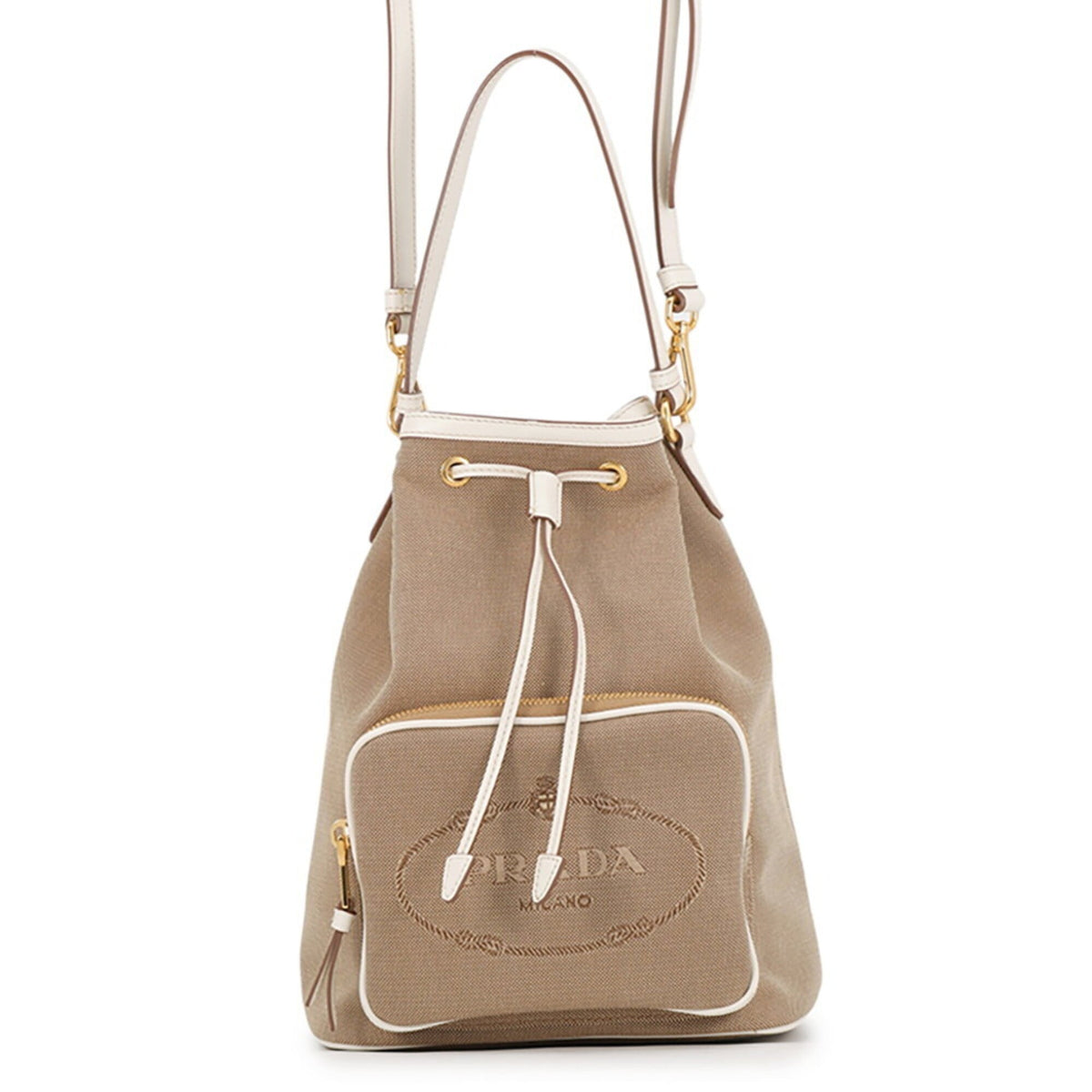 Prada Brown White Canvas Leather Handbag (Pre-Owned)