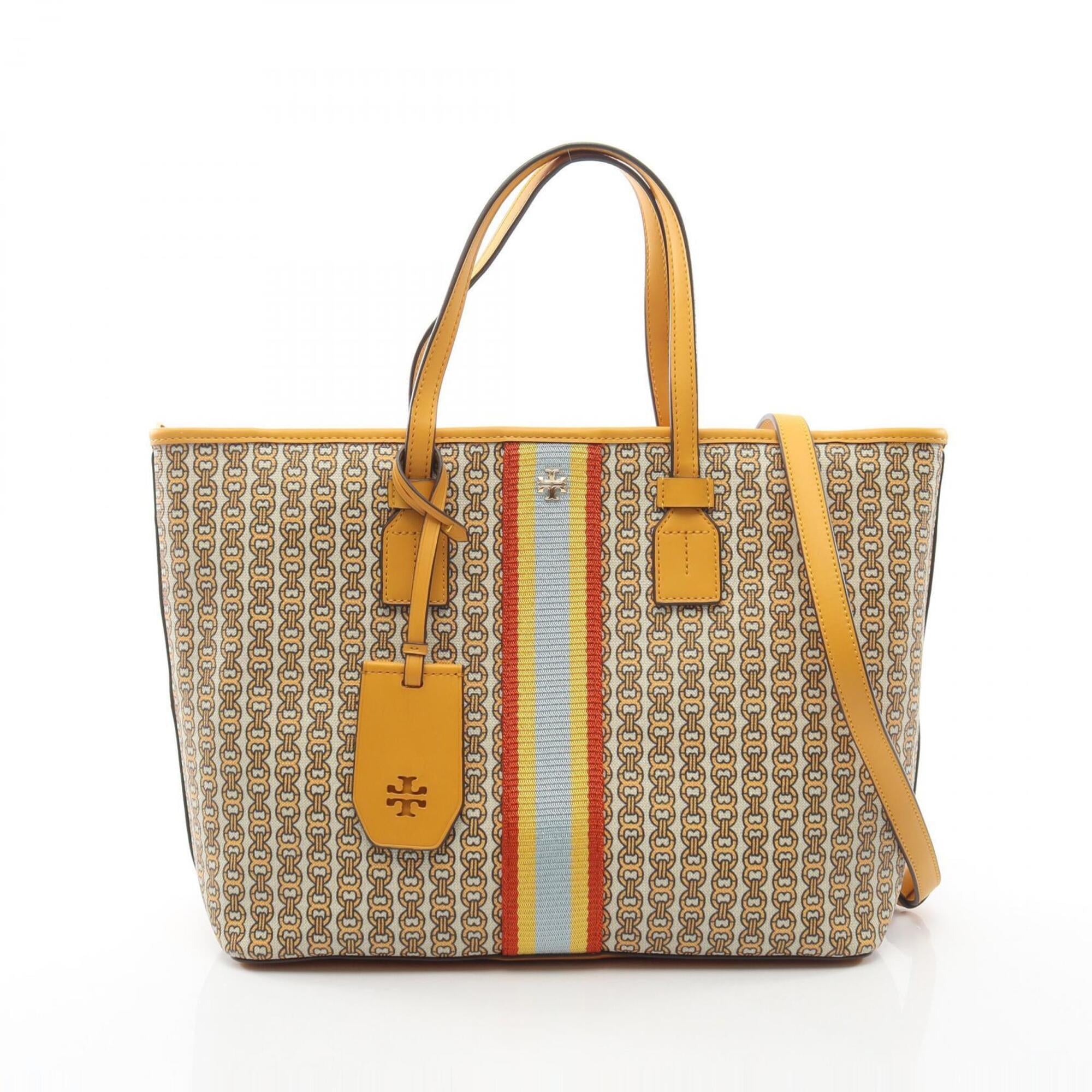 Tory Burch Beige Multi-Color Yellow Coated Canvas Leather Handbag Tote Bag (Pre-Owned)