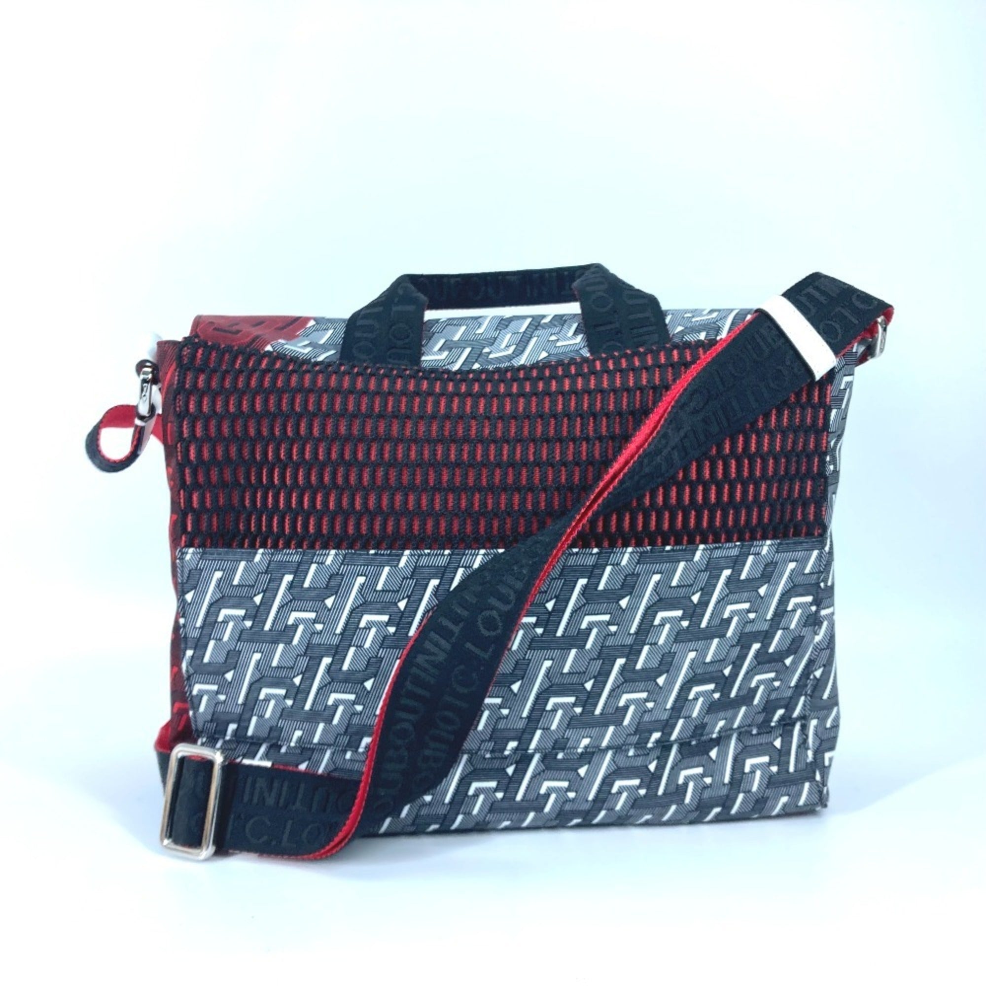 Christian Louboutin Black Red Color White Nylon Handbag Messenger Bag Shoulder Bag (Pre-Owned)