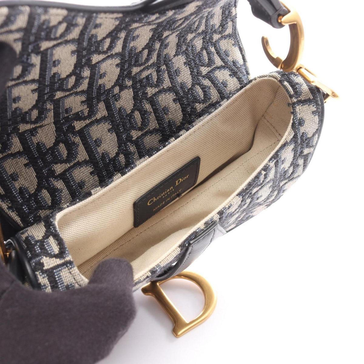 Christian Dior Beige Navy Canvas Leather Handbag Saddle Bag (Pre-Owned)