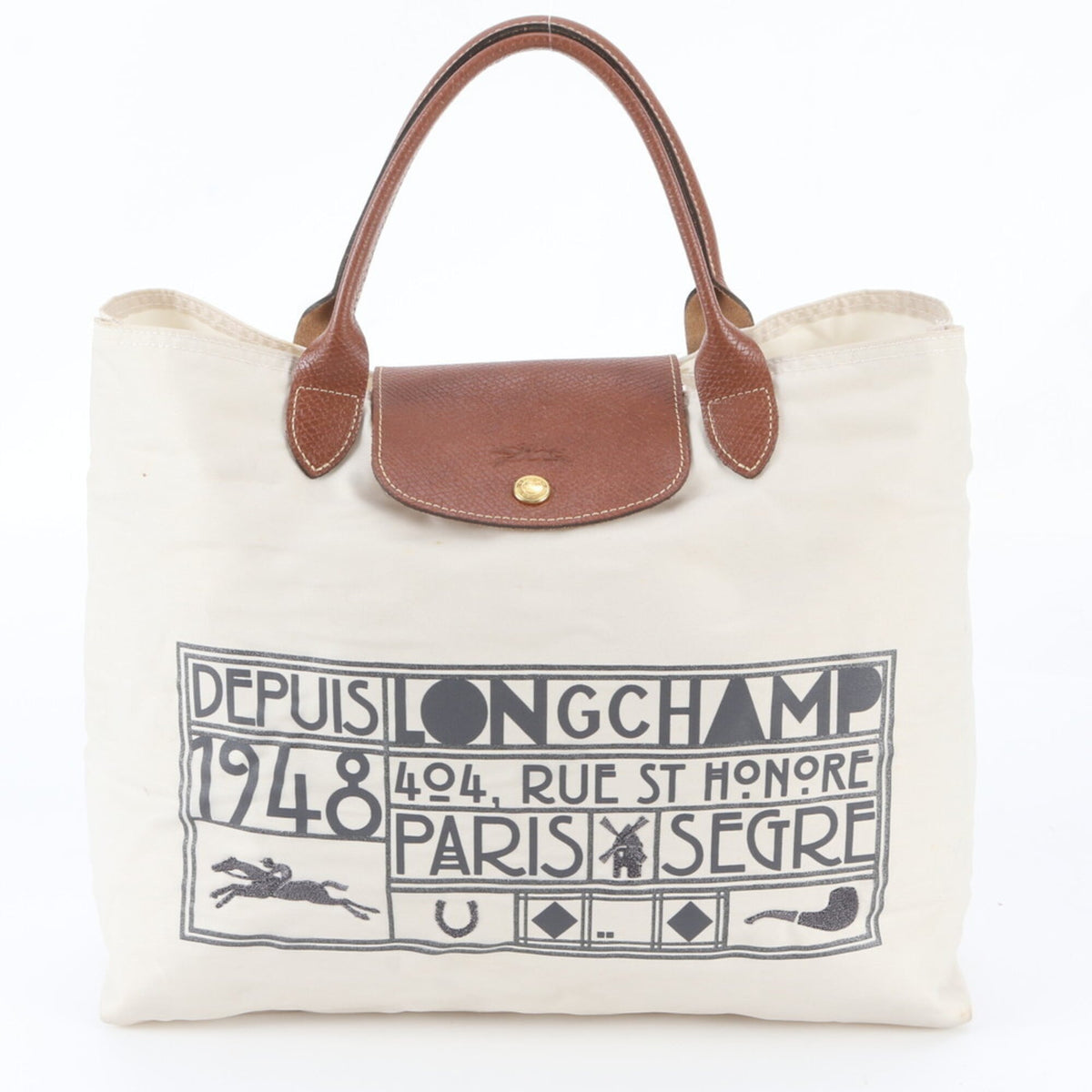 Longchamp Ivory Leather Nylon Handbag Shoulder Bag Tote Bag (Pre-Owned)